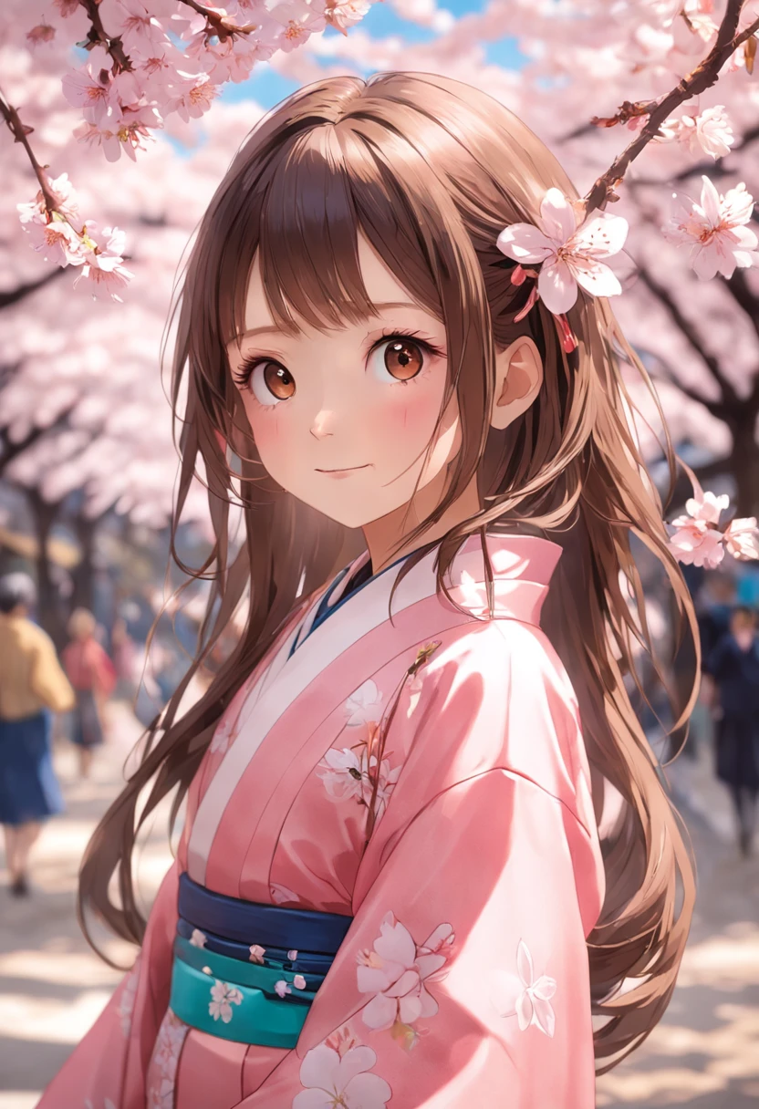 (Masterpiece, Daylight portrait:1.3), (Charming image of a 7-year-old girl in Japan under cherry blossoms:1.2), (Sony A6400 camera, Known for its fast autofocus and detail preservation:1.2), (Paired with Sony E 50mm f/1.8 OSS lenses,Captures clear and detailed portraits:1.2), (Long, Smooth brunette hair is layered smoothly, intricately details:1.1), (Fine hair sparkles in the light:1.1), (The symmetrical face is decorated with professional makeup:1.1), (A delicate figure dressed in a traditional Japanese kimono:1.1), (Shiny hair catches the sun,Rejuvenate:1.1), (A charming smile exudes real warmth:1.1), (The vibrant cherry blossoms outline the tranquil scene:1.1), (Peaceful park setting, Vibrant with spring colors:1.1), (The camera's sensors capture the meticulous intricacies of her facial features and dress:1.1), (The camera focuses on her smile, Capture its natural charm:1.1), (Instantly frozen in time, Embodies the beauty of youth and nature:1.1), (A harmonious blend of cultural elegance and joyful authenticity:1.1), (A portrait that captures true happiness under the cherry blossoms:1.1),full bodyesbian