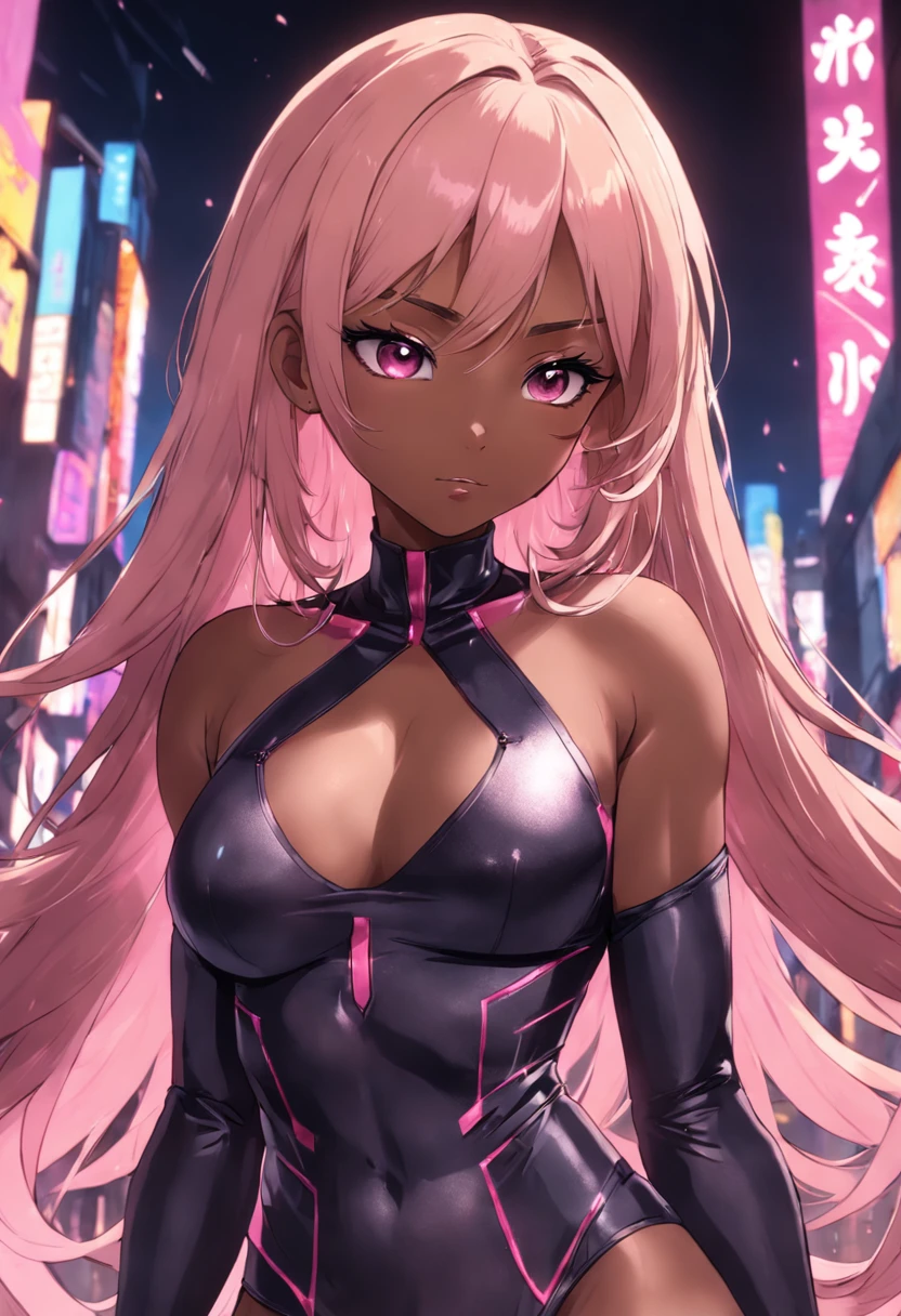 Black female with blonde hair, has pink highlights, wearing tight sexy clothing, cleavage,