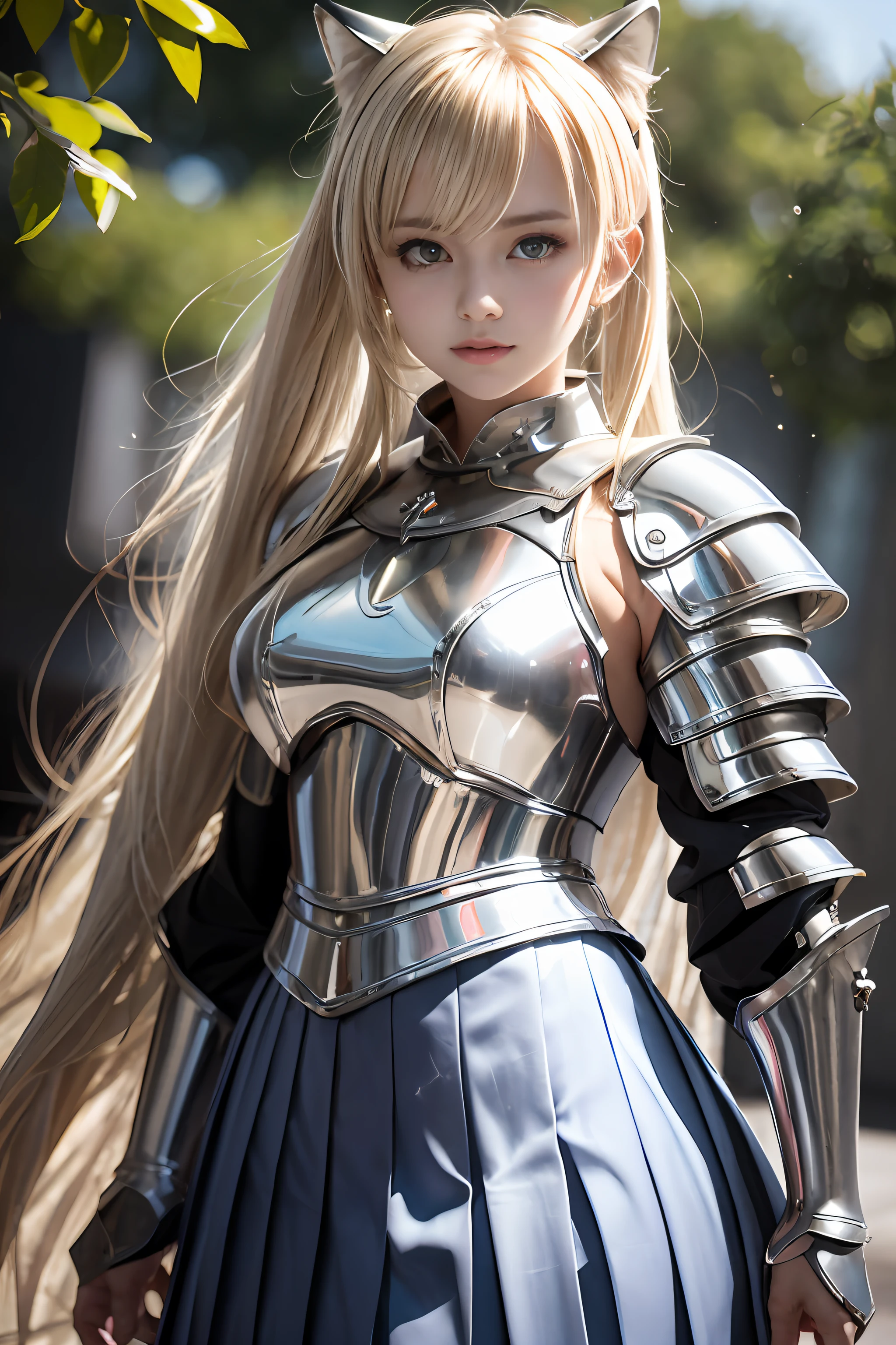 bright expression、poneyTail、Young shiny shiny white shiny skin、Best Looks、Blonde reflected light、Platinum blonde hair with dazzling highlights、shiny light hair,、Super long silky straight hair、Beautiful bangs that shine、Glowing crystal clear attractive big blue eyes、Very beautiful nice cute girl、Lush bust,Beautiful detailed eyes, beautiful detailed nose,(( Full body:1.25)),Makeup that the eyes emphasize、((Pleated skirt with many folds)),(Women like Joan of Arc:1.3)、(s Armor:1.3)、Knights, (With a sword and shield:1.2),Royal style,Comic style, , Sub-surface scattering, ornate detail, nature backdrop, Hyper-realistic, Cinematic, Dramatic Lighting, masutepiece、(Armor with a wolf motif)、(Wolf emblem:1.5)、