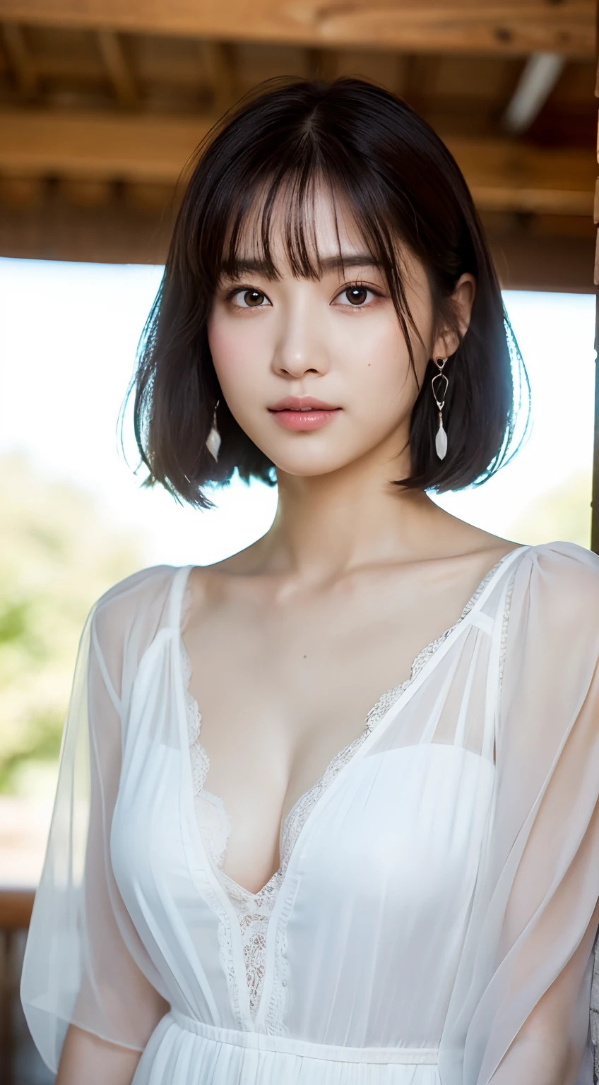 (8k, RAW Photo, Best Quality, Masterpiece:1.2), Ultra Detail, Super Resolution, (Realistic, Realistic Photo:1.37), Portrait, High Detail RAW Color Photo, Professional Photo, Extremely Detailed and Beautiful, Extremely detailed, 8k wallpaper, amazing and detailed, huge file size, official art, highly detailed CG unity 8k wallpaper, highly detailed beautiful girl, highly detailed face, highly detailed eyes, highly detailed skin, highly detailed fingers, highly detailed nose, very detailed detailed mouth , perfect anatomy, highly detailed background, highly detailed clothes, 1girl, (20:1.2), 20s, cute girl, realistic body, petite, fair skin, glowing skin , slim body, handsome body, black hair , short hair, (blunt bangs:1.2), smile, cute, youthful, cute face, realistic face, delicate eyes, drooping eyes, lingerie, see-through, earrings, looking at viewer, cowboy shot, facing front, standing posture, Contraposto, dynamic lighting, very large breasts, cowboy shot