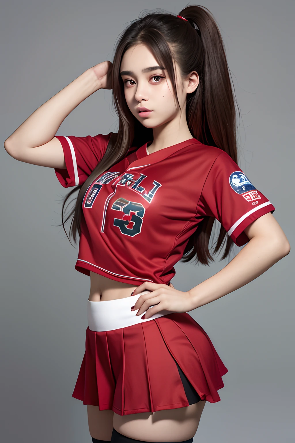 a beautiful 14yo Turki woman, baseball tshirt oversize ,short skirt, detail body and face. Thighhighs