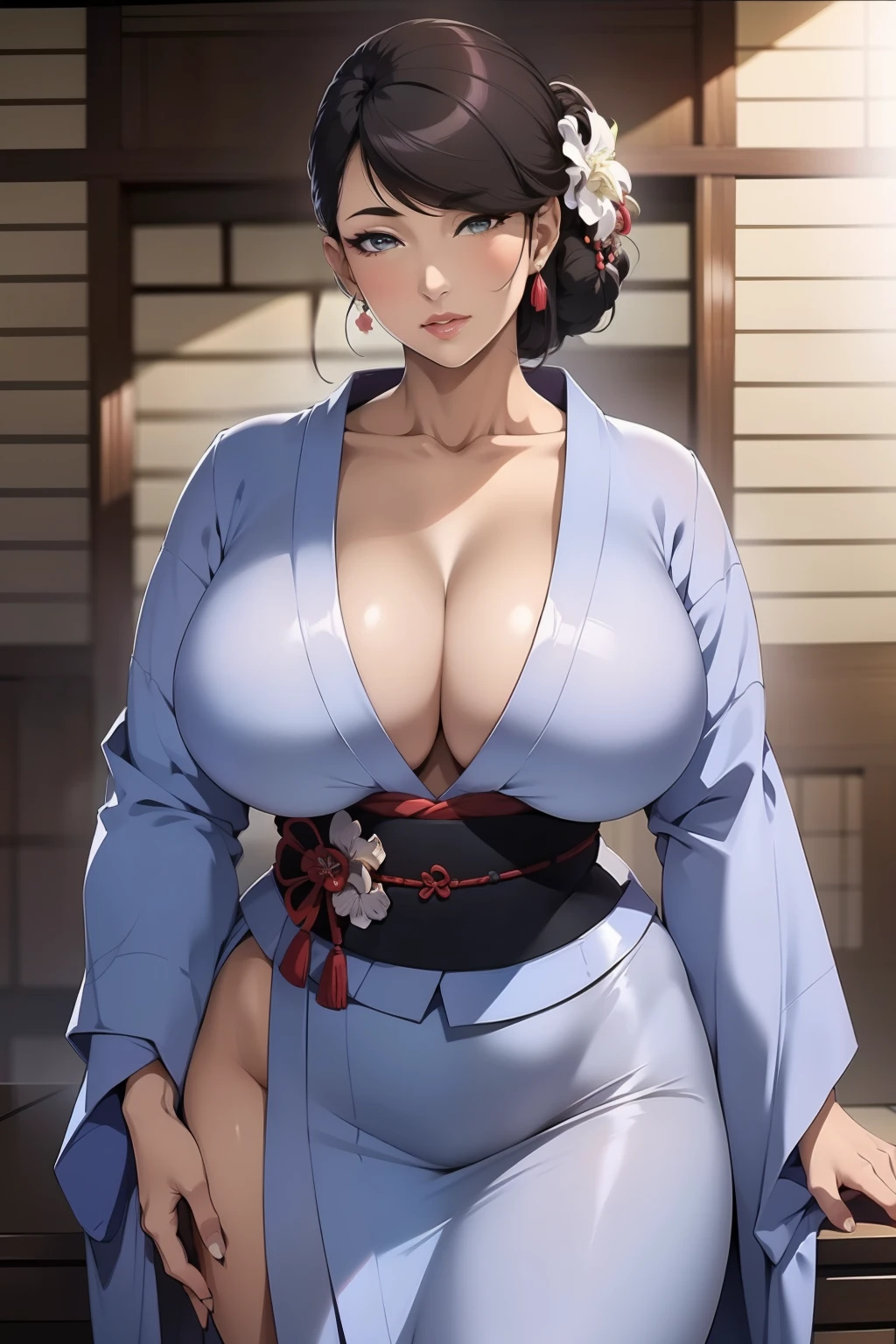 1womanl， （tmasterpiece： 1.3），Beautiful mature Japanese woman， detailed finger， beautiful hand， hyper realisitc， 1womanl， （Sagging breasts， Bewitching body： 1.2） brunette color hair： 1.1， Super detailed face， Detailed lips， Detailed eyes， 二重まぶた， Sexy low-cut neckline kimono， Open neckline， Large breasts are wrapped in clothes， Side posture， visible curves，full body1:1