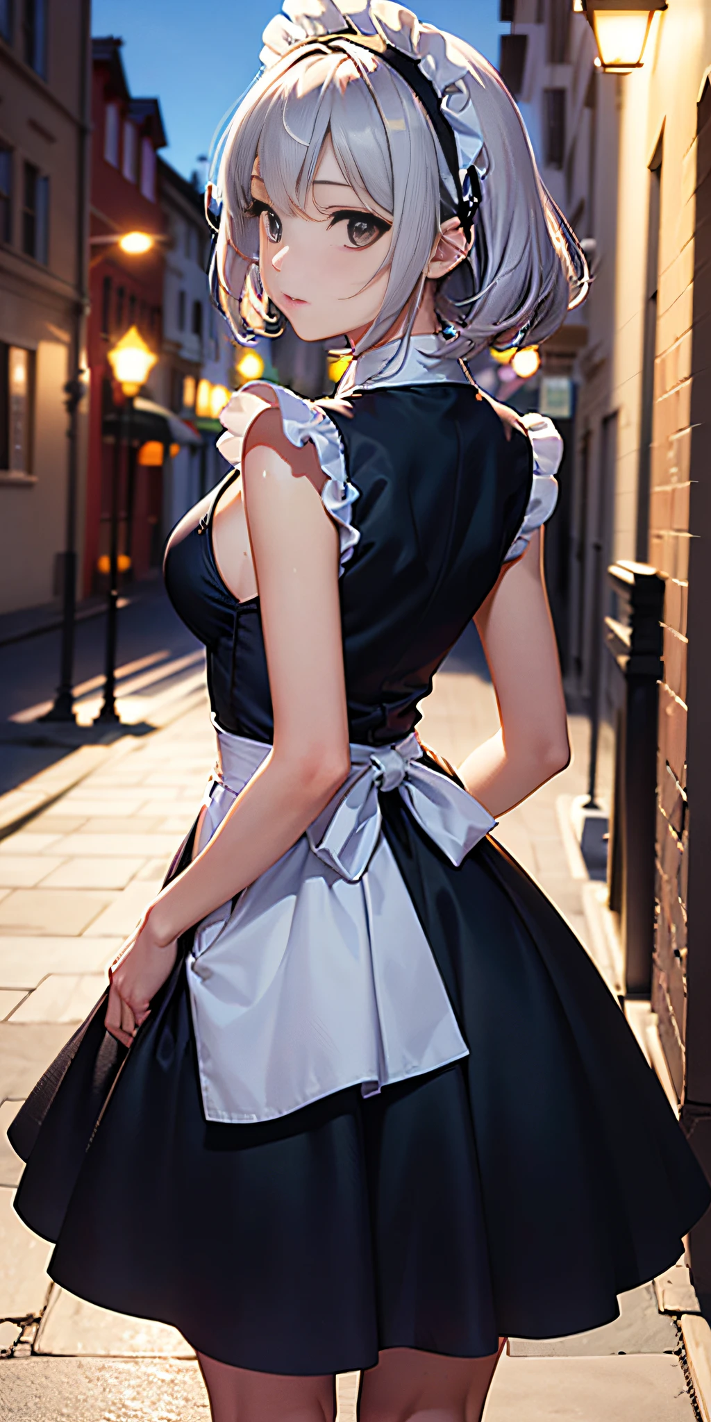(Chica anime con cabello color aleatorio y orejas de gato), Ruby eyes, sonrojarse, ((vestido maid ultra corto con mini falda corta)), piernas desnudas, look back, alto contraste, Rear side solar lighting, Obra maestra, Extraordinariamente agradable, Canon EOS 50mm camera.