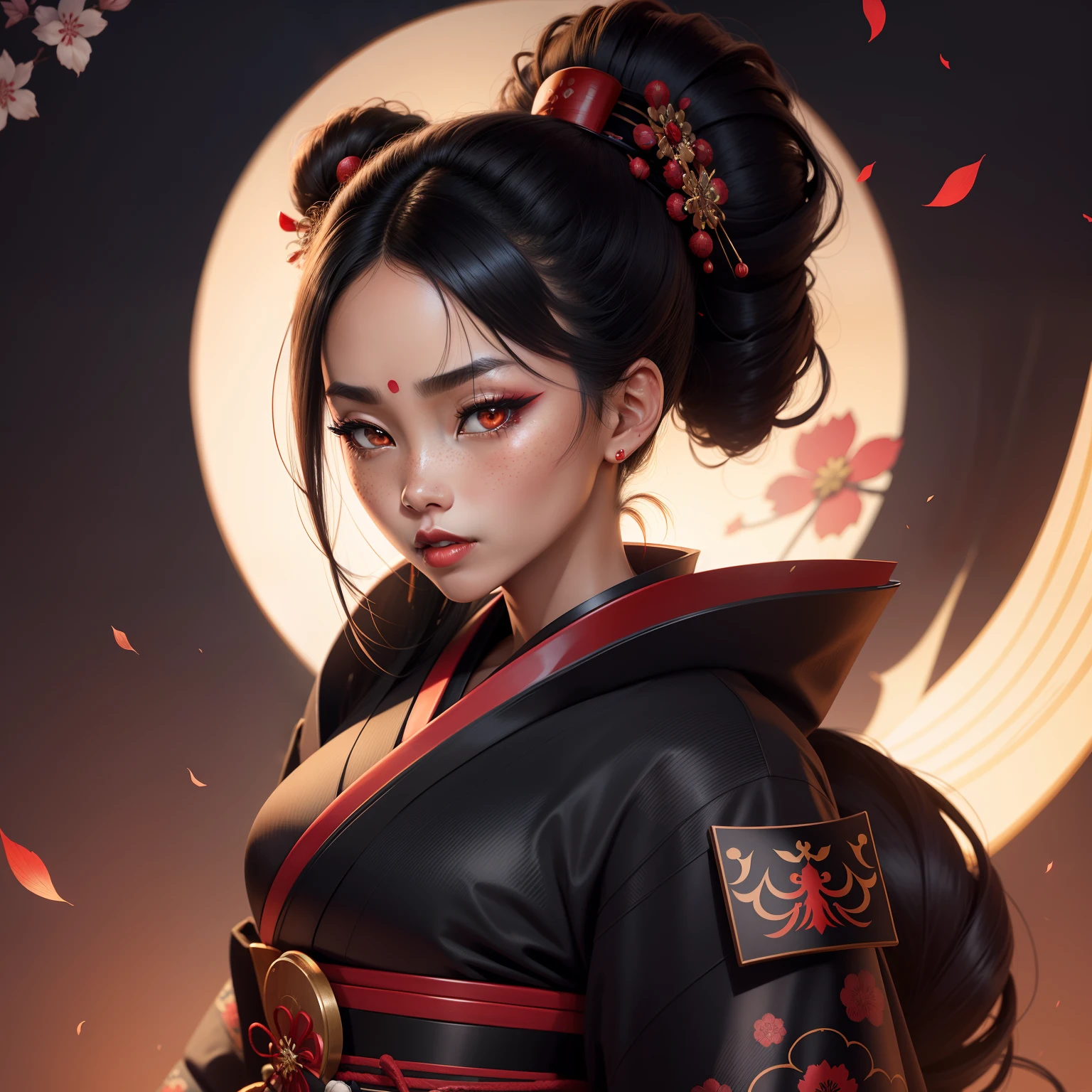 geisha, wear black kimono, black hair, red moon, dark skin complexion, cherry blossom on hair, 4k, almond eyes, big lip, logo, heart shape face, face fuller, sexy hair tied up, black eyes, dark red lipstick, female samurai warrior, swords, face shots, head shots, freckles on the face, up close head face shots, full hair, brown skin tanned