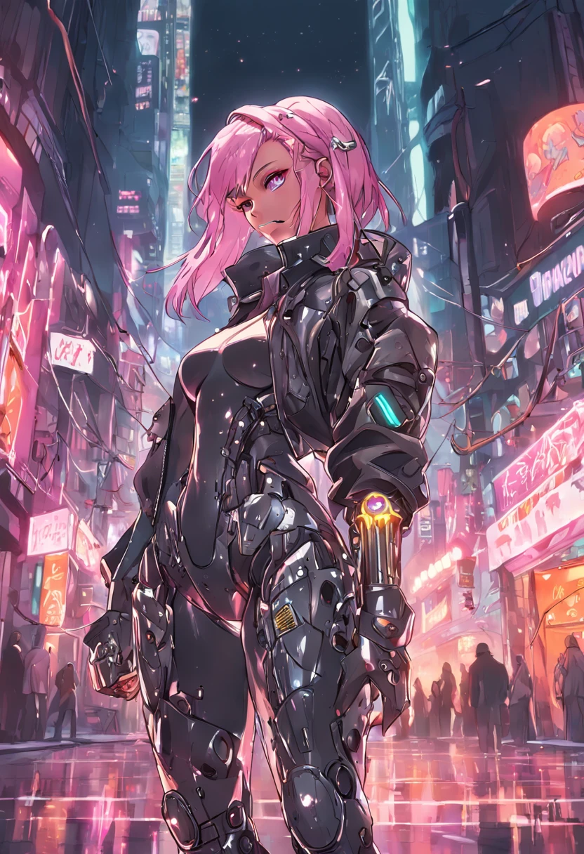 Cyberpunk woman + gta5 + The gang of epic Looney Tunes ncredibly detailed cyberpunk robotic chrome tight outfit, highly detailed futuristic with many studded textures