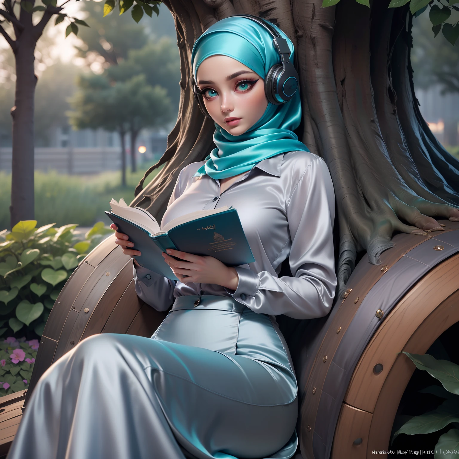3DMM, ((Masterpiece, best quality, photography, detailed skin, realistic, photo-realistic, 8k, highly detailed, full length frame, High detail RAW color art, diffused soft lighting, shallow depth of field, sharp focus, hyperrealism, cinematic lighting, hijab, a woman in a beautifully makeup, smokey eyeshadow, beautiful big eyes, long eye lashes, wearing (aqua satin hijab), loosely tide hijab style, ((gray satin shirt)), satin long maxi skirt, reading while listening to music, headphone, laying under tree, garden