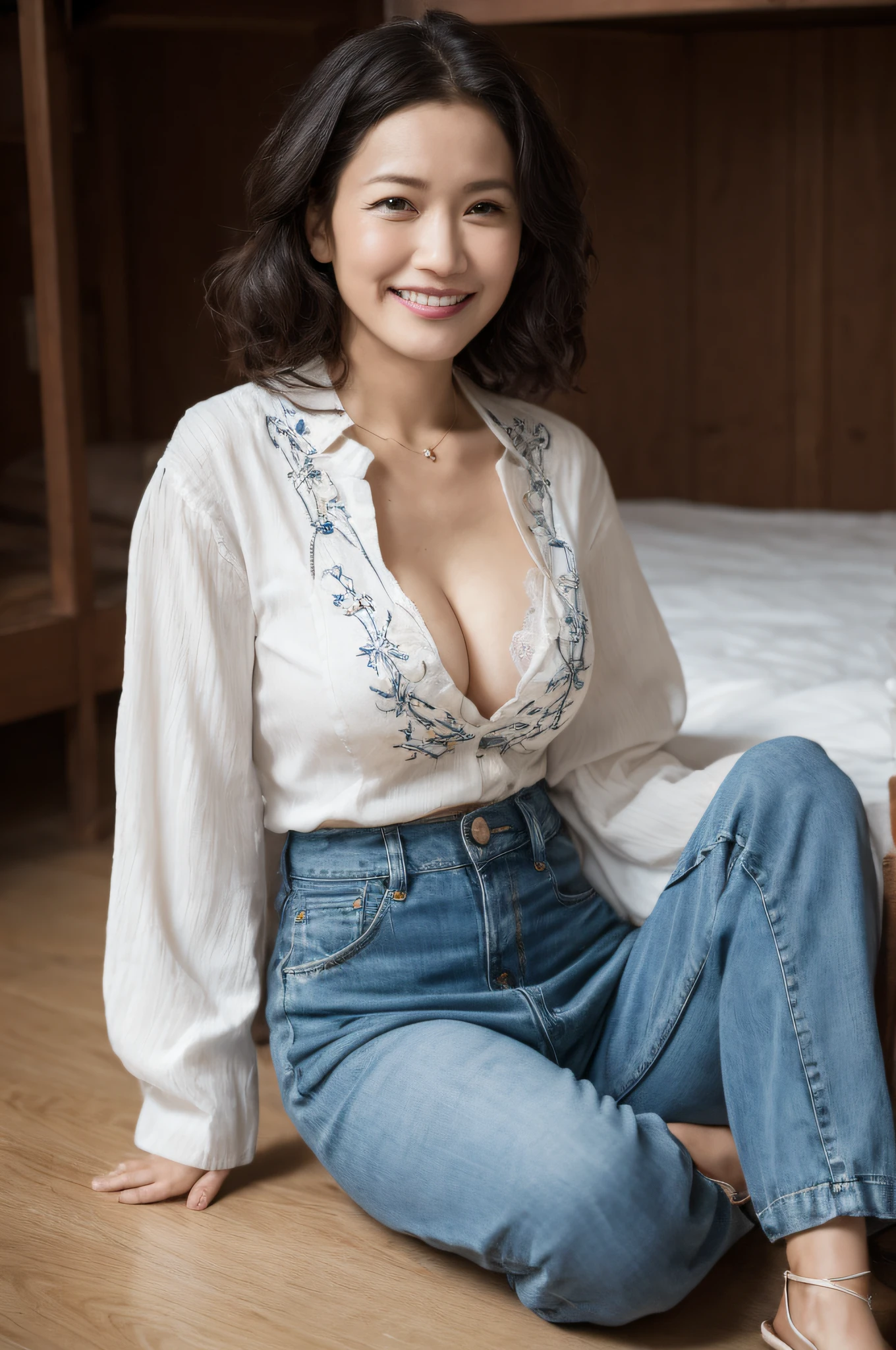 ((Best Quality, 8k, Masterpiece, Portrait: 1.3)), Photorealistic, Sharp Focus, (looking at viewer), 1Beautiful Japanese Milf, Clothes with Cleavage View, 30 Years Old, Wavy Hair, ((double eyelid, eyelash, lip gloss, Wrinkles at the Corners of the Eyes:0.6)), ((wearing white blouse, denim low skirt, embroidery-pantie:1)), accurate anatomy, perfect prpportion, ((sit with open your legs wide:2, show crotch)), (loose waist:0.75), darkness floors,(open mouth:0.7), (frown:1), (smile:1),