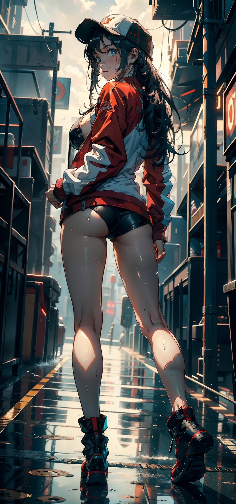 1female,,bit girl,super adorable,hugebreast ,Pornographic exposure, 独奏,(Background with:ln the forest,the rainforest,in summer,Standing water on the ground,exteriors) Feel free to hairstyle,Stride,Sweat profusely,drenched all over the body,seen from the front,Very long hair , mostly cloudy sky,(((tmasterpiece),(Very detailed CG unity 8K wallpaper),best qualtiy,cinmatic lighting,detailed back ground,beatiful detailed eyes,Bright pupils,(Very fine and beautiful),(Beautiful and detailed eye description),ultra - detailed,tmasterpiece,)),facing at camera,A high resolution,ultra - detailed)There is a robotic arm,cyber punk style,nakeness,with no underpants,revealing breasts,Bare genitalia, Bulge,Camel toes,Raised sexy,Lewd expression,Flushed complexion,Open-mouthed,frontage,elementary student(Wearing:Red baseball jacket,A white bikini,baseball cap,slippers)Full body photo,Show shoes