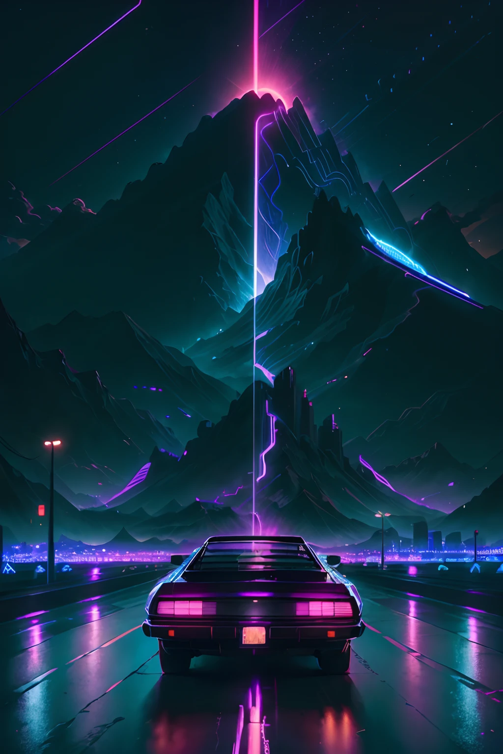 retrowave. city, car, road, purple neon lights, sun, mountain,
(masterpiece,detailed,highres),