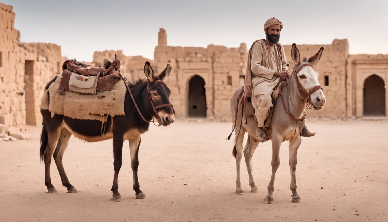 a man from the tribe of levi, a servant and two donkeys in a square of an ancient syrian city at dusk, panoramic image