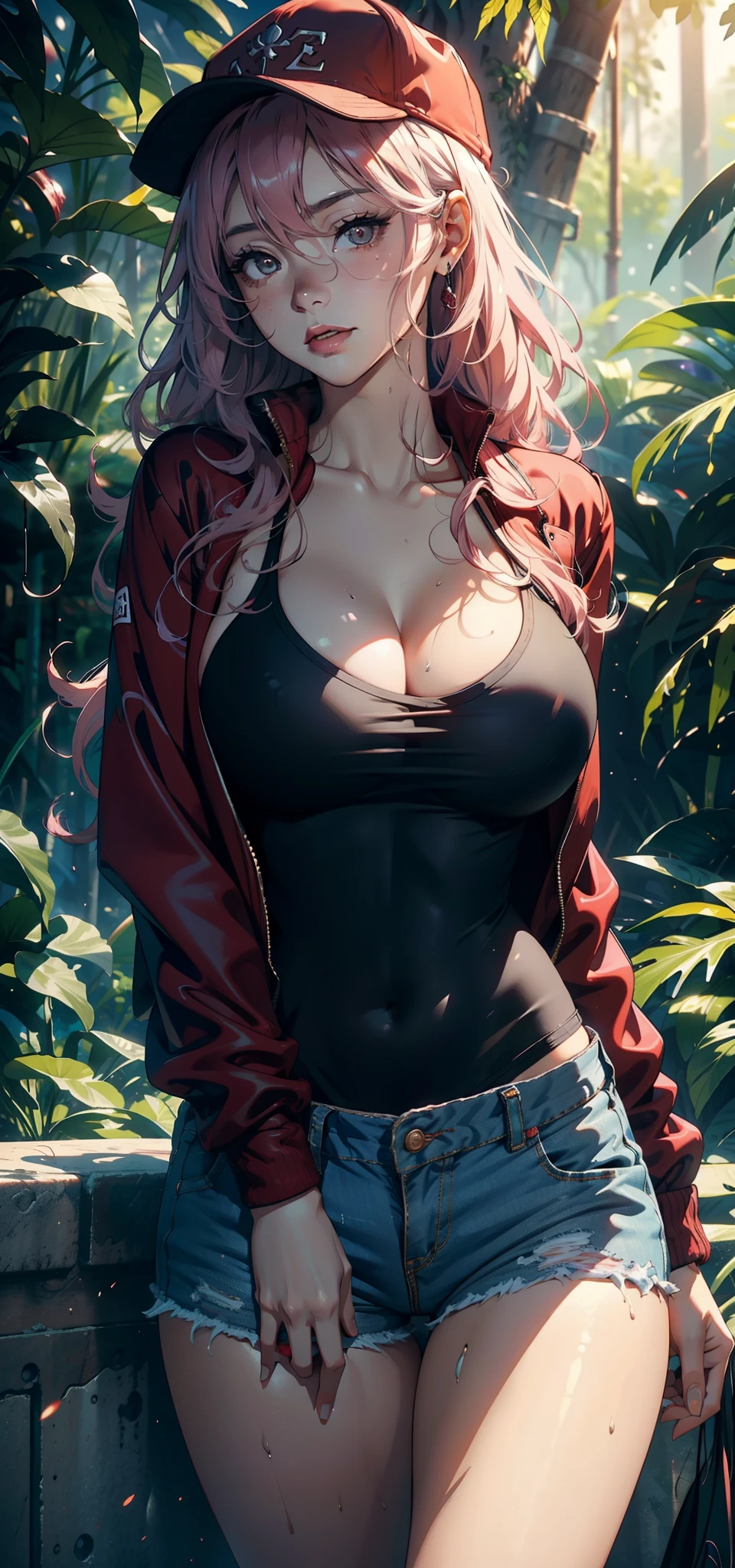 1female，35yo，熟妇，the super hot and sexy，gigantic cleavage breasts，Pornographic exposure， 独奏，（Background with：ln the forest，the rainforest，in summer） She has long pink hair，The hair was long，With baseball cap，standing on your feet，Sweat profusely，drenched all over the body，seen from the front， curlies， mostly cloudy sky，（（（tmasterpiece），（Very detailed CG unity 8K wallpaper），best qualtiy，cinmatic lighting，detailed back ground，beatiful detailed eyes，Bright pupils，（Very fine and beautiful），（Beautiful and detailed eye description），ultra - detailed，tmasterpiece，）），facing at camera，A high resolution，ultra - detailed），，revealing breasts，Bare genitalia， Bulge，Camel toes，Raised sexy，Flushed complexion，Open-mouthed，frontage，（Wearing：Red baseball jacket，Extra-short jeans，athletic sneakers）Full body photo