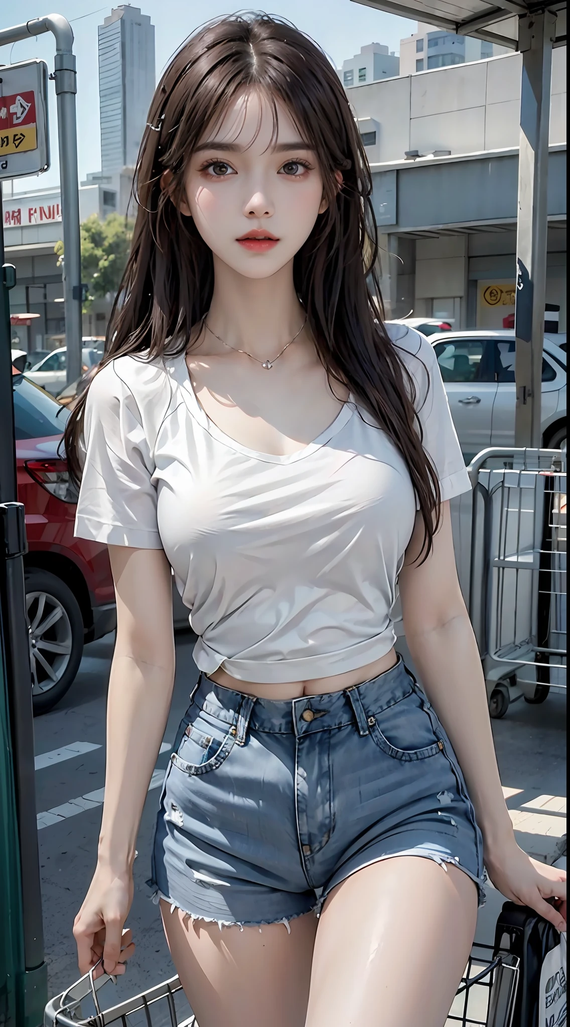 1girl with pretty face, airy bangs, cute, wearing choker, white t-shirt and jeans shorts, medium breasts, slender, inside supermarket, shopping carts, best quality, masterpiece, ultra high res, (photorealistic:1.4), raw photo