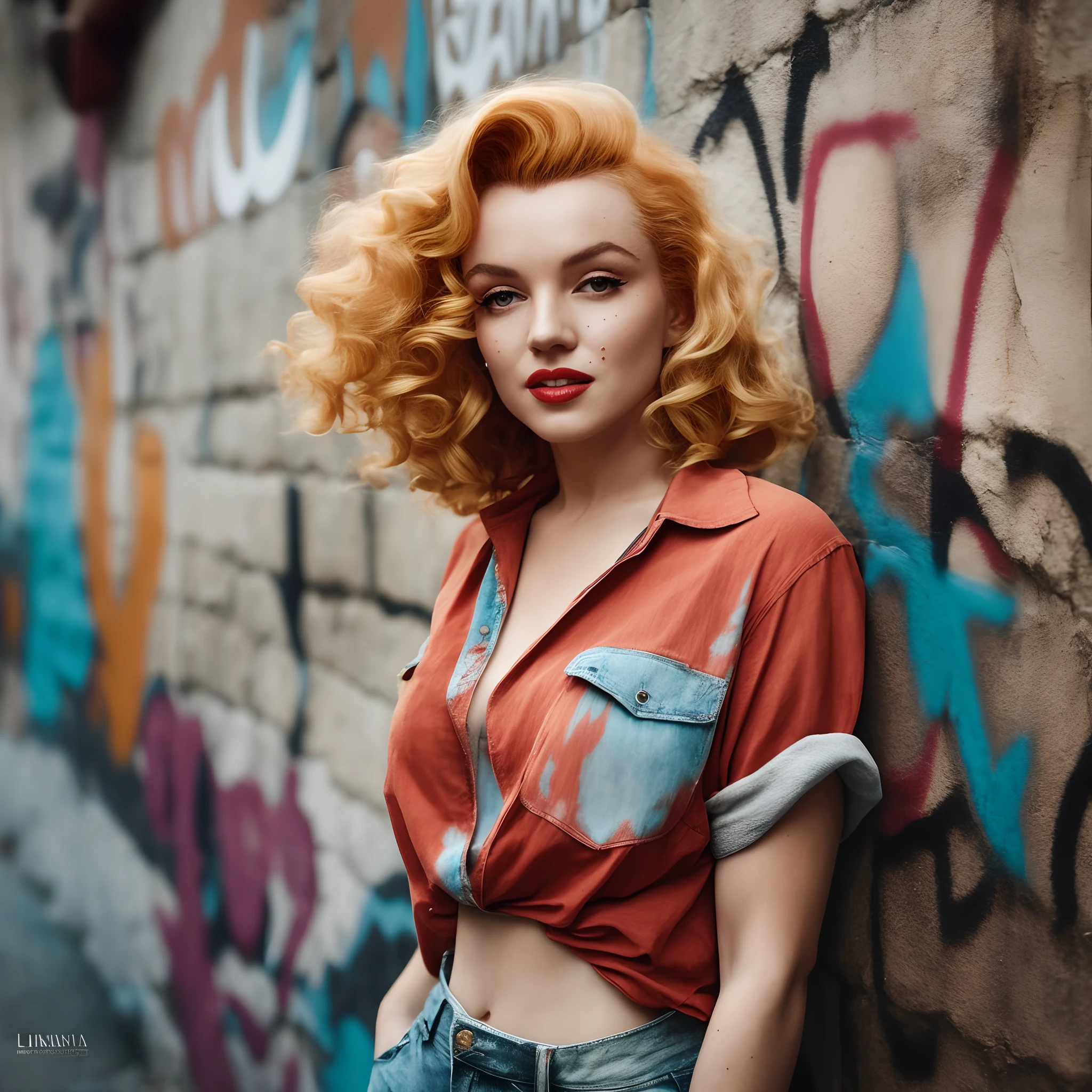 portrait of Marilyn Monroe with long ginger wavy hair standing in front of a wall with graffiti, wearing casual clothes, fall vibes, blushed, looking at the camera, colorful scene, midshot, focus on face, professional photography, ultra sharp focus, tetradic colors, By lidija, Broken Glass effect, no background, stunning, something that even doesn't exist, mythical being, energy, molecular, textures, iridescent and luminescent scales, breathtaking beauty, pure perfection, divine presence, unforgettable, impressive, breathtaking beauty, Volumetric light, auras, rays, vivid colors reflects