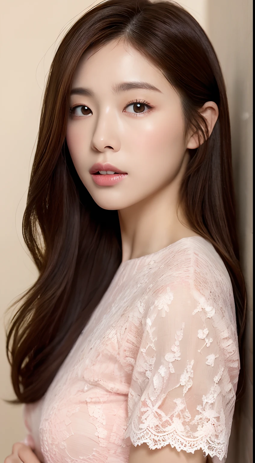 ((top-quality、8K、masterpiece:1.3))、Crisp focus:1.2、Beautiful Women in Perfect Style:1.4、Upright landscape:1.2、Full Body Female 1.2((brown haired、Model body type:1.2))、Standing leaning against the wall、(Pink lace shirt:1.1)、White wall background:1.2、short-cut、Highly detailed facial and skin texture、A detailed eye、二重まぶた、Beautiful white skin、pure、Put your hands on your cheeks、The mouth is in the form of a kiss