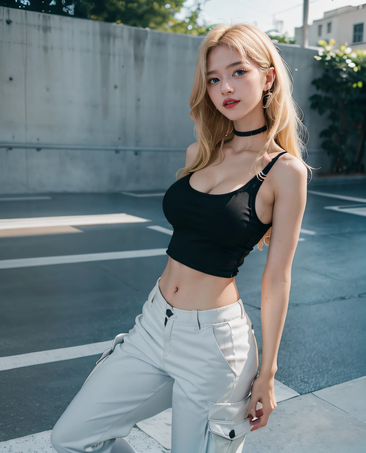 1girl, (Blue Eyes), laughing, (Sana Minatozaki), wide hips, Big Boobs, big ass, (Best Quality, 8k, Masterpiece: 1.3), Clear Focus: 1.2, Perfect Body Beauty: 1.4 , Slender Abs: 1.2, Highly detailed face and skin texture, detailed eyes, double eyelids, red lips, black makeup, (blonde long hair), (tight white tanktop), (black cargo pants), (sneakers), in skate park, standing