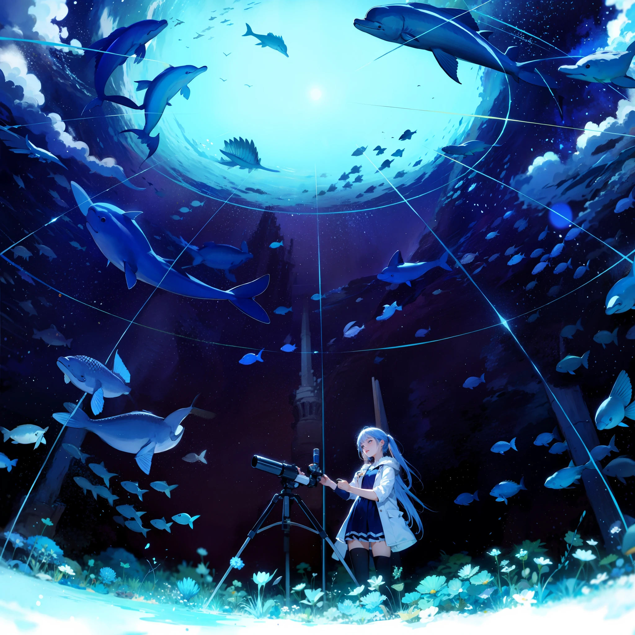 (。.3D:0.6,Realistic:0.8,Photorealistic:0.8),(absurderes,Hyper-Resolution,masutepiece,Best Quality,Finely detailed,absurderes:1.2), Dynamic Pose, Dramatic illumination, Bokeh, 1girl in, Long hair, telescopes, under the water, a dolphin, Fish, blazing, magical glow, Fantasy World