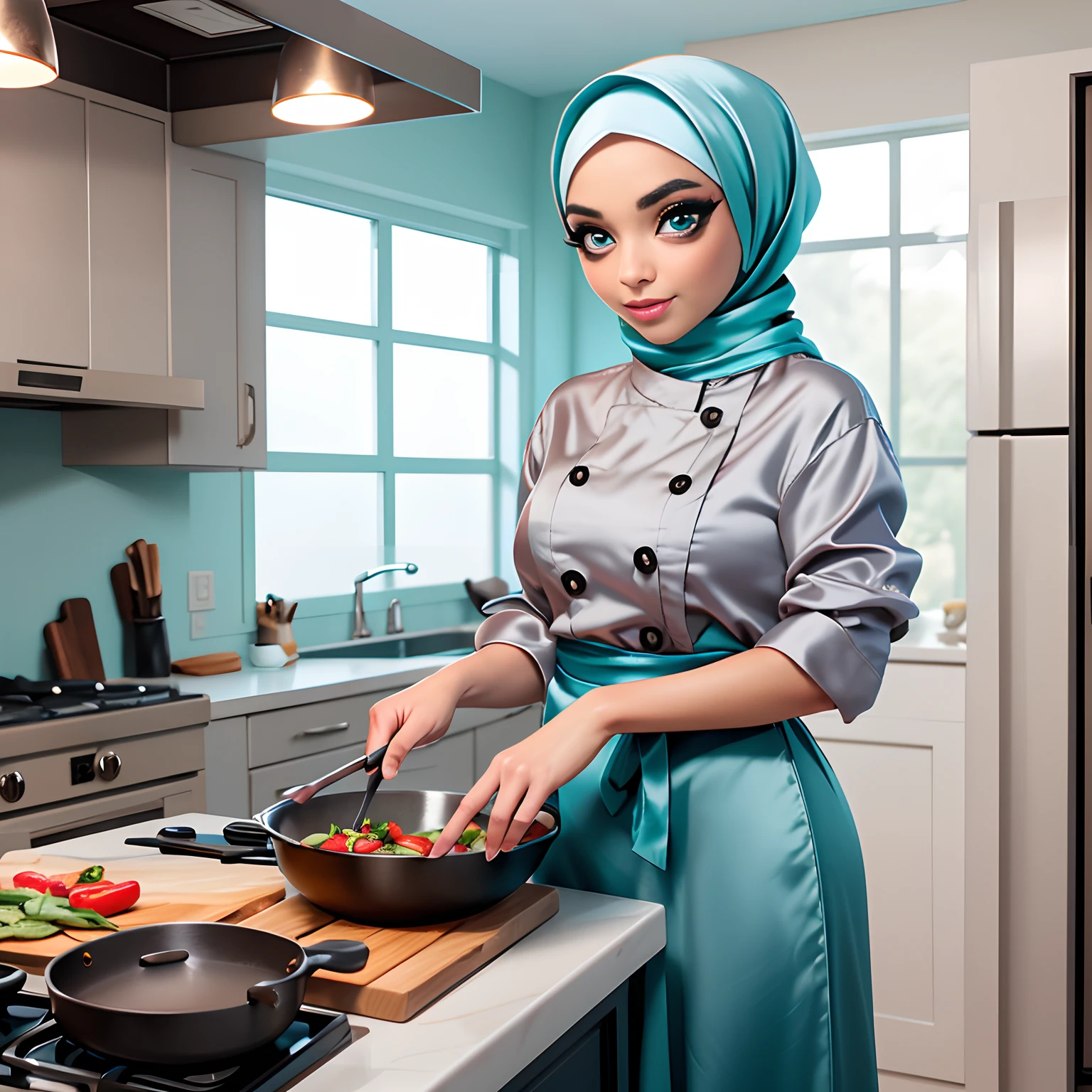 Photo of chef cooking in kitchen, a woman in a beautifully makeup, smokey eyeshadow, beautiful big eyes, long eye lashes, wearing (aqua satin hijab), loosely tide hijab style, ((gray satin shirt)), satin long maxi skirt, Smooth and shiny