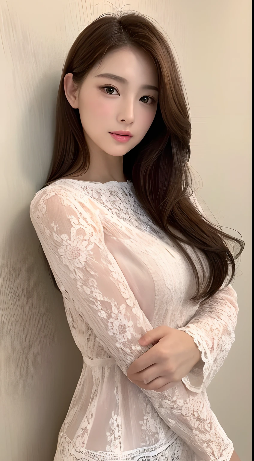 ((top-quality、8K、masterpiece:1.3))、Crisp focus:1.2、Beautiful Women in Perfect Style:1.4、Upright landscape:1.2、Full Body Female 1.2((brown haired、Model body type:1.2))、Standing leaning against the wall、(Pink lace shirt:1.1)、White wall background:1.2、short-cut、Highly detailed facial and skin texture、A detailed eye、二重まぶた、Beautiful white skin、pure、Put your hands on your cheeks、The mouth is in the form of a kiss