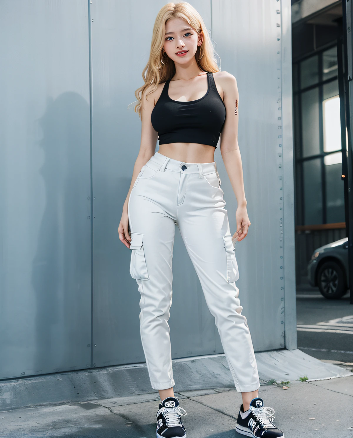 1girl, (Blue Eyes), laughing, (Sana Minatozaki), wide hips, Big Boobs, big ass, (Best Quality, 8k, Masterpiece: 1.3), Clear Focus: 1.2, Perfect Body Beauty: 1.4 , Slender Abs: 1.2, Highly detailed face and skin texture, detailed eyes, double eyelids, red lips, black makeup, (blonde long hair), (tight white tanktop), (black cargo pants), (sneakers), skate girl, in skate park, standing