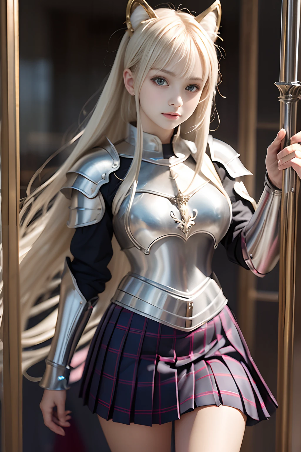 bright expression、poneyTail、Young shiny shiny white shiny skin、Best Looks、Blonde reflected light、Platinum blonde hair with dazzling highlights、shiny light hair,、Super long silky straight hair、Beautiful bangs that shine、Glowing crystal clear attractive big blue eyes、Very beautiful nice cute 16 year old girl、Lush bust,Beautiful detailed eyes, beautiful detailed nose,(( Full body:1.25)),Makeup that the eyes emphasize、((Pleated skirt with many folds:1.3)),(Women like Joan of Arc:1.3)、(s Armor:1.3)、Knights, (With a sword and shield:1.2),Royal style,Comic style, , Sub-surface scattering, ornate detail, nature backdrop, Hyper-realistic, Cinematic, Dramatic Lighting, masutepiece、(Armor with a wolf motif)、(Wolf emblem on armor:1.5)、