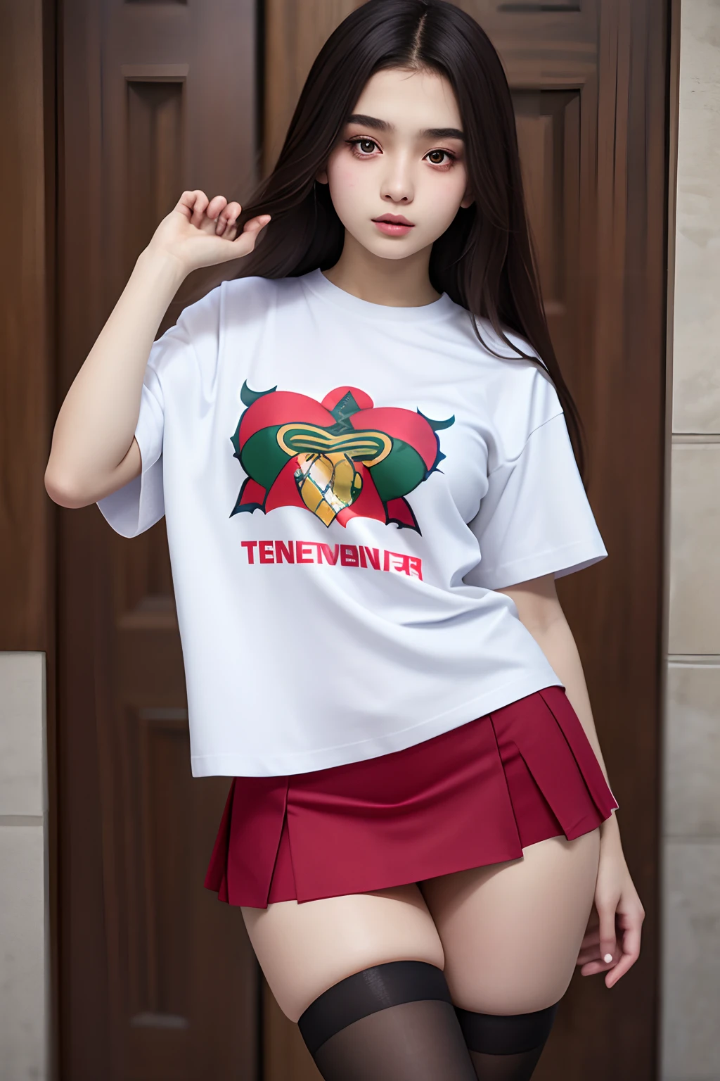 a beautiful 14yo Turki woman, tshirt oversize ,short skirt, detail body and face. Thighhighs