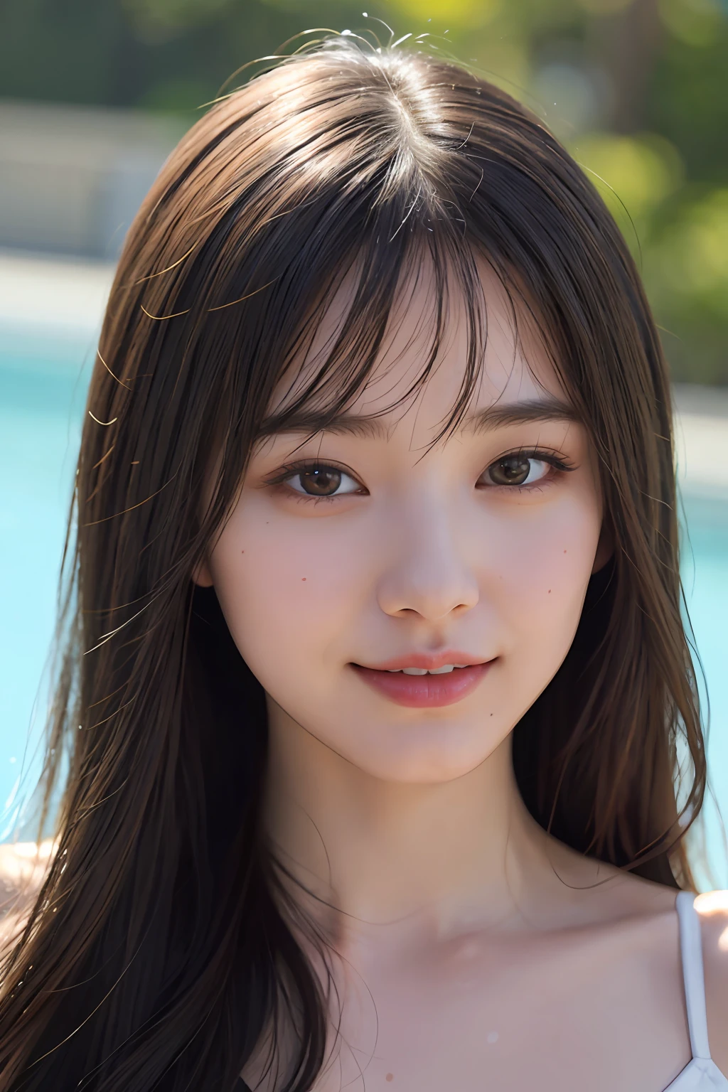 randome pose、(top-quality,masterpiece:1.3,超A high resolution,),(Ultra-detail,Caustics),(Photorealsitic:1.4,RAW shooting,)Ultra-realistic capture,A highly detailed,High resolution 16K human skin closeup、 Skin texture is natural、、The skin looks healthy with an even tone、 Use natural light and color,1 girl,japanes,22year old,kawaii,A goid-hair,Middle hair,,smil,,(depth of fields、chromatic abberation、、Wide range of lighting、Natural Shading、)、Swimwear