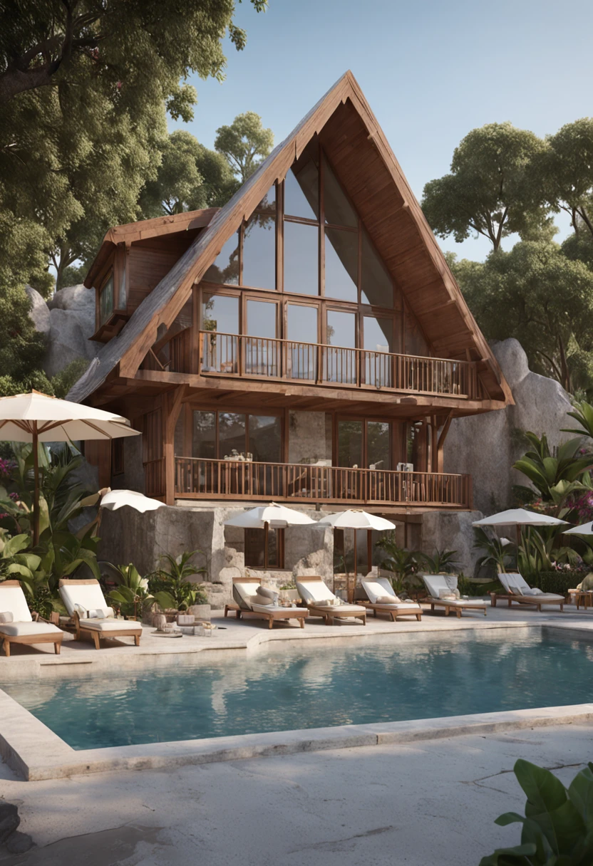 a luxury hotel, wooden bungalows, with pool and beach, mantra rendering, true realistic image, artistic rendering, exterior type, realistic rendering, award winning rendering, realistic physical rendering, architectural rendering, V-Ray, V - Ray, a photorealistic rendering , high quality rendering, v-ray, portrait photo, realistic image