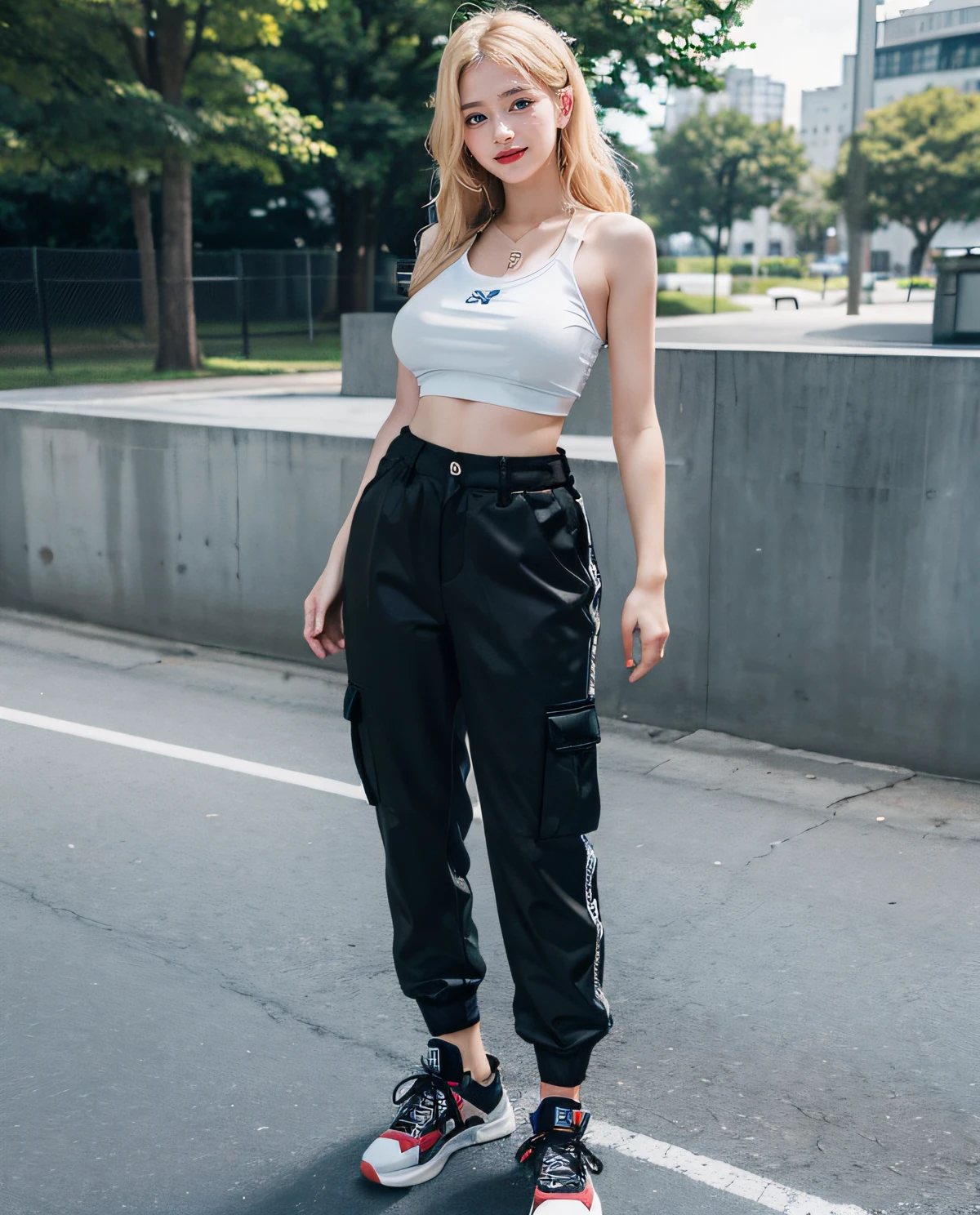 Slim, teen girl, NSFW, tight white cropped tanktop, loose black baggy cargo pants,