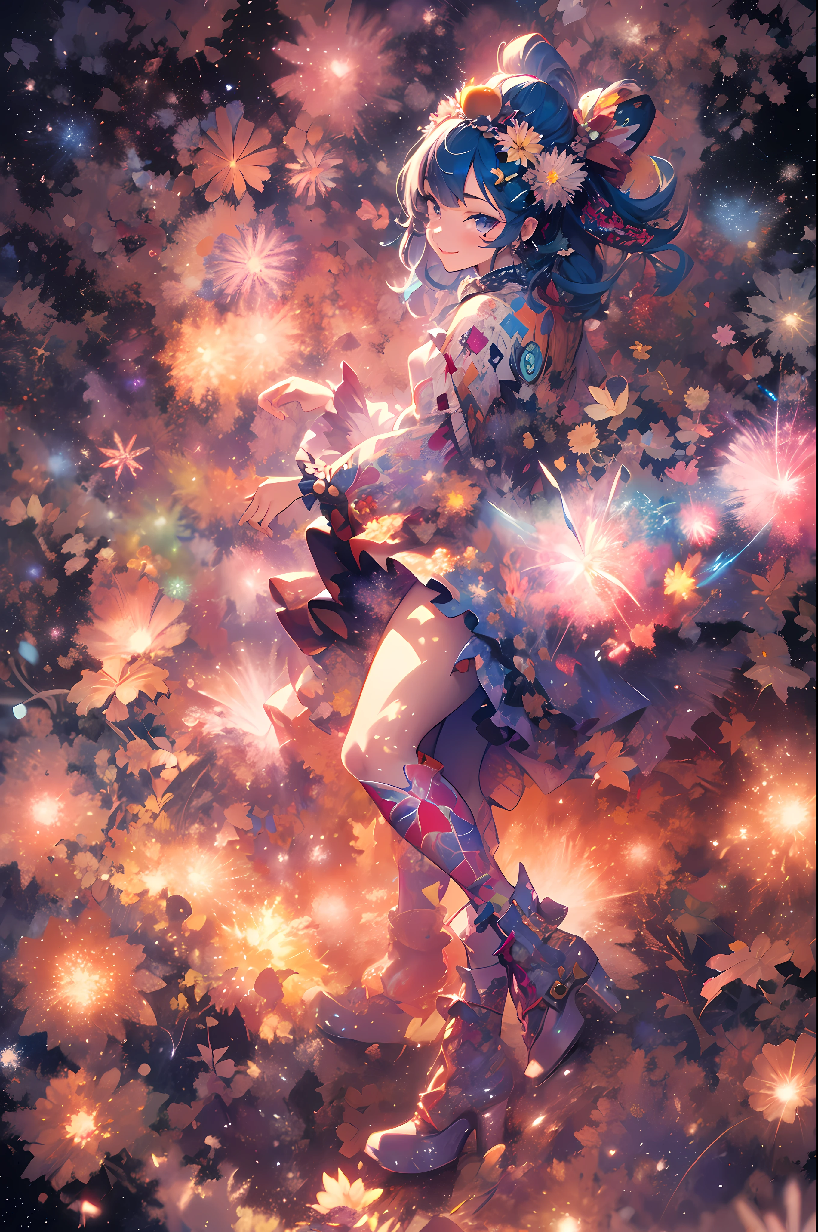 ((The best fireworks display in space)),Fireworks are the main composition.,innocent smiles、eye glass、Never seen、Seven colors,(1girl in, Solo:1.6),(Cute smile),(Clothes are simple), (Best Impact:1.5), (maximalism:1.7), Vivid contrast, (Realistic), hyperrealistic illustrations, hight resolution, ultra-detailliert, absurderes,(Fractal Art:1.3)、Random hairstyle、Random hair color colorful、FULL BODYSHOT、Retro、Precise focus、randome pose、cinema4d、Drama
