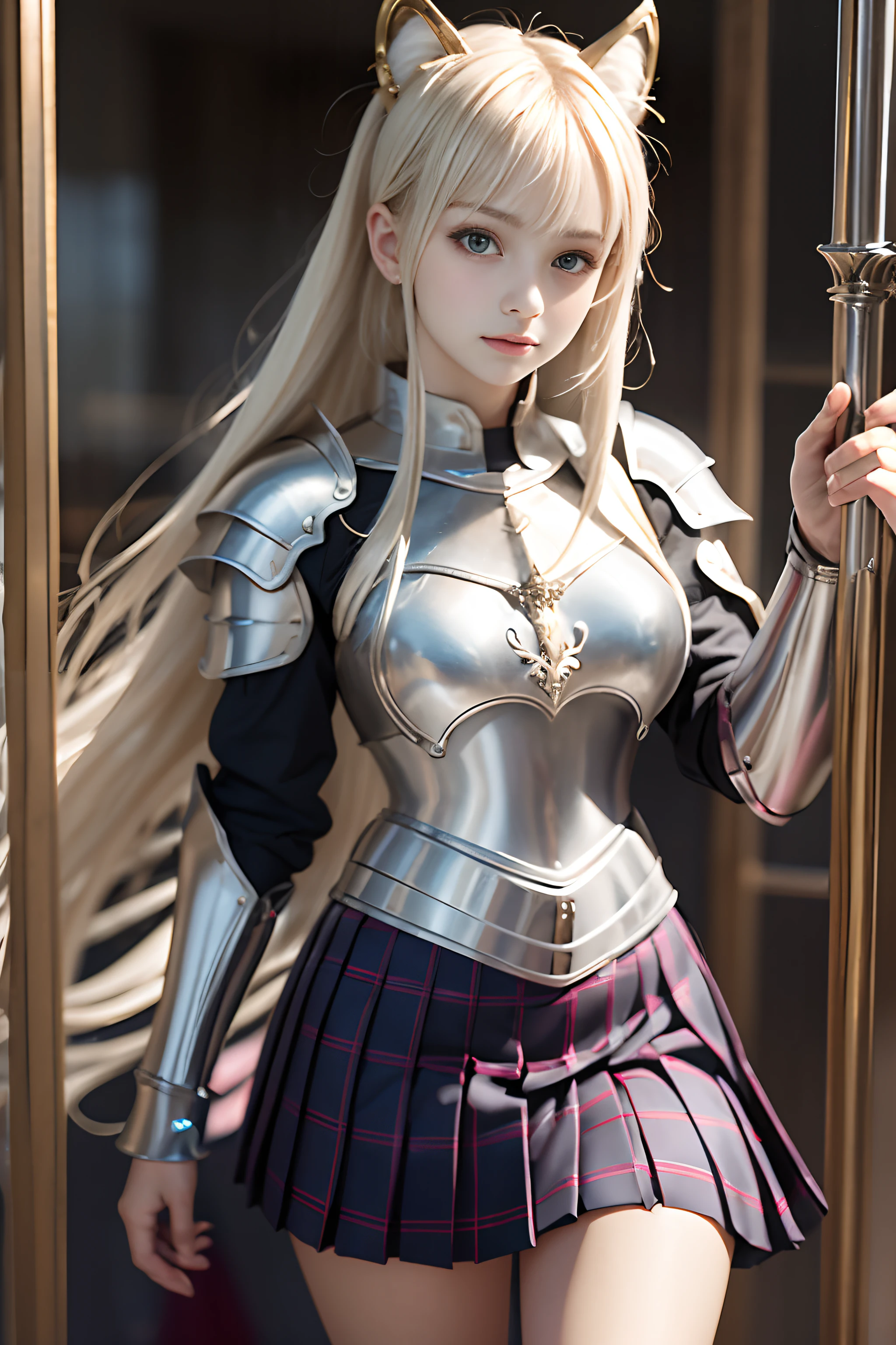 bright expression、poneyTail、Young shiny shiny white shiny skin、Best Looks、Blonde reflected light、Platinum blonde hair with dazzling highlights、shiny light hair,、Super long silky straight hair、Beautiful bangs that shine、Glowing crystal clear attractive big blue eyes、Very beautiful nice cute 16 year old girl、Lush bust,Beautiful detailed eyes, beautiful detailed nose,(( Full body:1.25)),Makeup that the eyes emphasize、((Pleated skirt with many folds:1.3)),(Women like Joan of Arc:1.3)、(s Armor:1.3)、Knights, (With a sword and shield:1.2)，Royal style，Comic style, , Sub-surface scattering, ornate detail, nature backdrop, Hyper-realistic, Cinematic, Dramatic Lighting, masutepiece、(Armor with a wolf motif)、(Wolf emblem on armor:1.5)、
