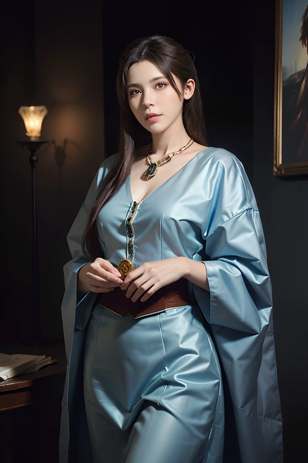 Hyperrealist portrait of female by david hockney and alphonse mucha,fantasy art, photo realistic, dynamic lighting, artstation, poster, volumetric lighting, very detailed faces, 4 k, award winning,, 1girl, in the dark, deep shadow, low key,cowboy shot,(official clothing:1.4) ,long hair,white hair,