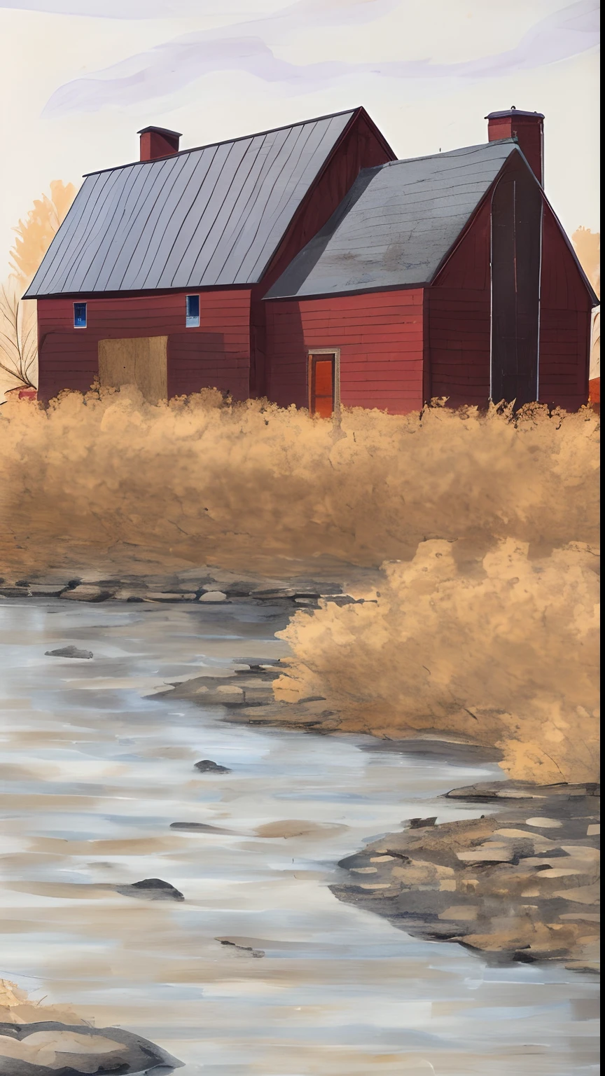 River saw house with smoke chimney sun farm