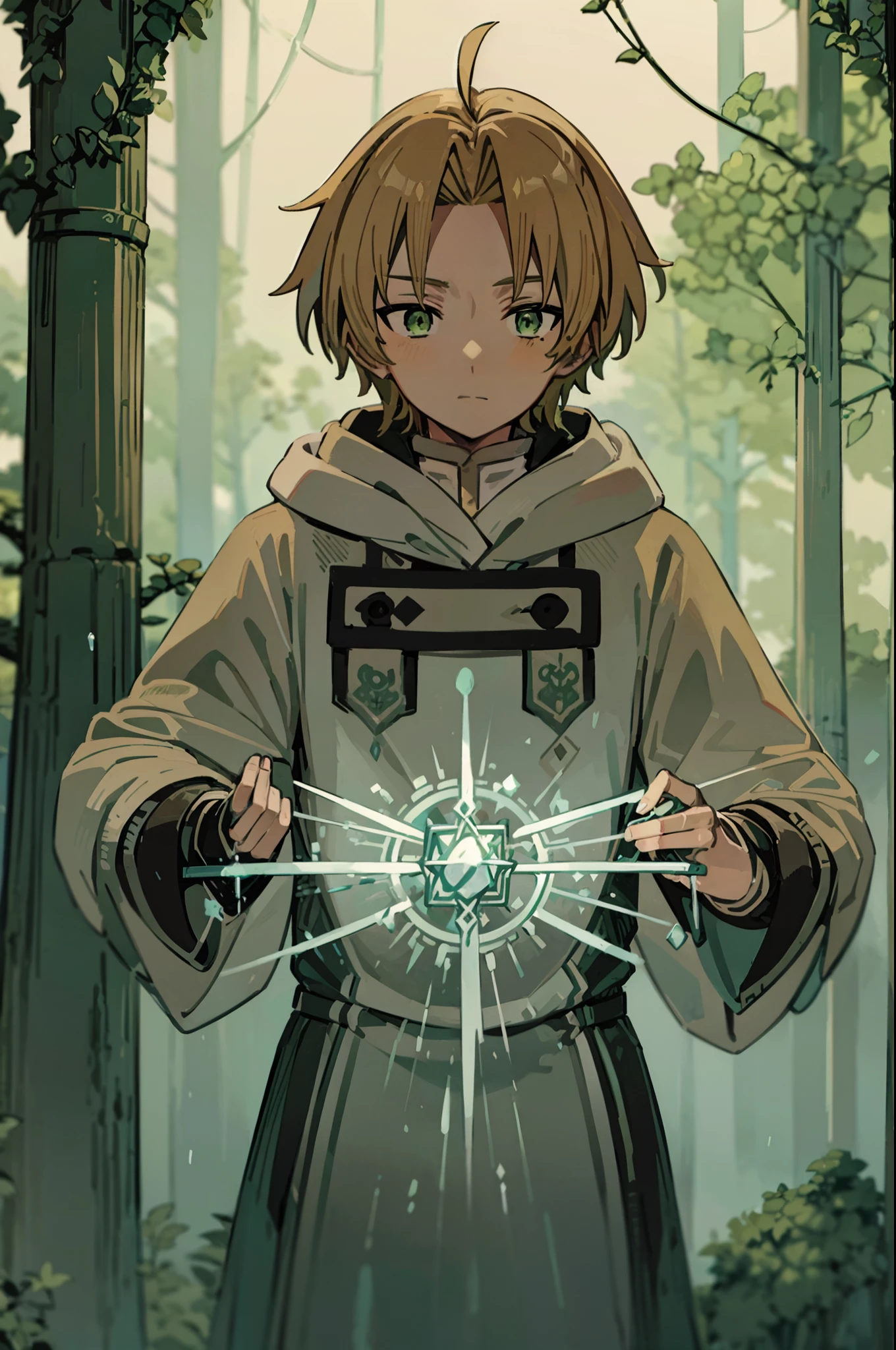 tarot card, rudeus_greyrat, green eyes, blonde hair, gray robes, white shirt, magician, mage, standing, (holding magic staff), magic, (water bending, using abilities), forest, upper body, ((masterpiece)), high detailed illustration, high detailed background, hi-res