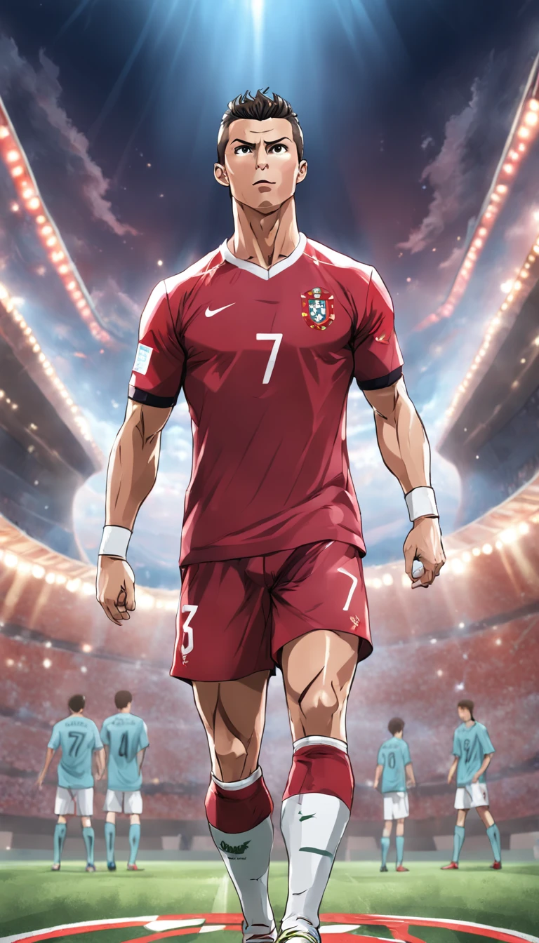 Cristiano Ronaldo with the shirt of the Portugal national team in anime style , fixed scenario , olhar fixo , (( imagem sem deformidades )) , melhor qualidade, best resolution, obra prima