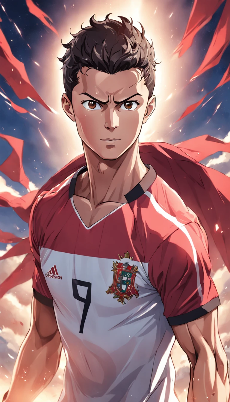 Cristiano Ronaldo with the shirt of the Portugal national team in anime style , fixed scenario , olhar fixo , (( imagem sem deformidades )) , melhor qualidade, best resolution, obra prima
