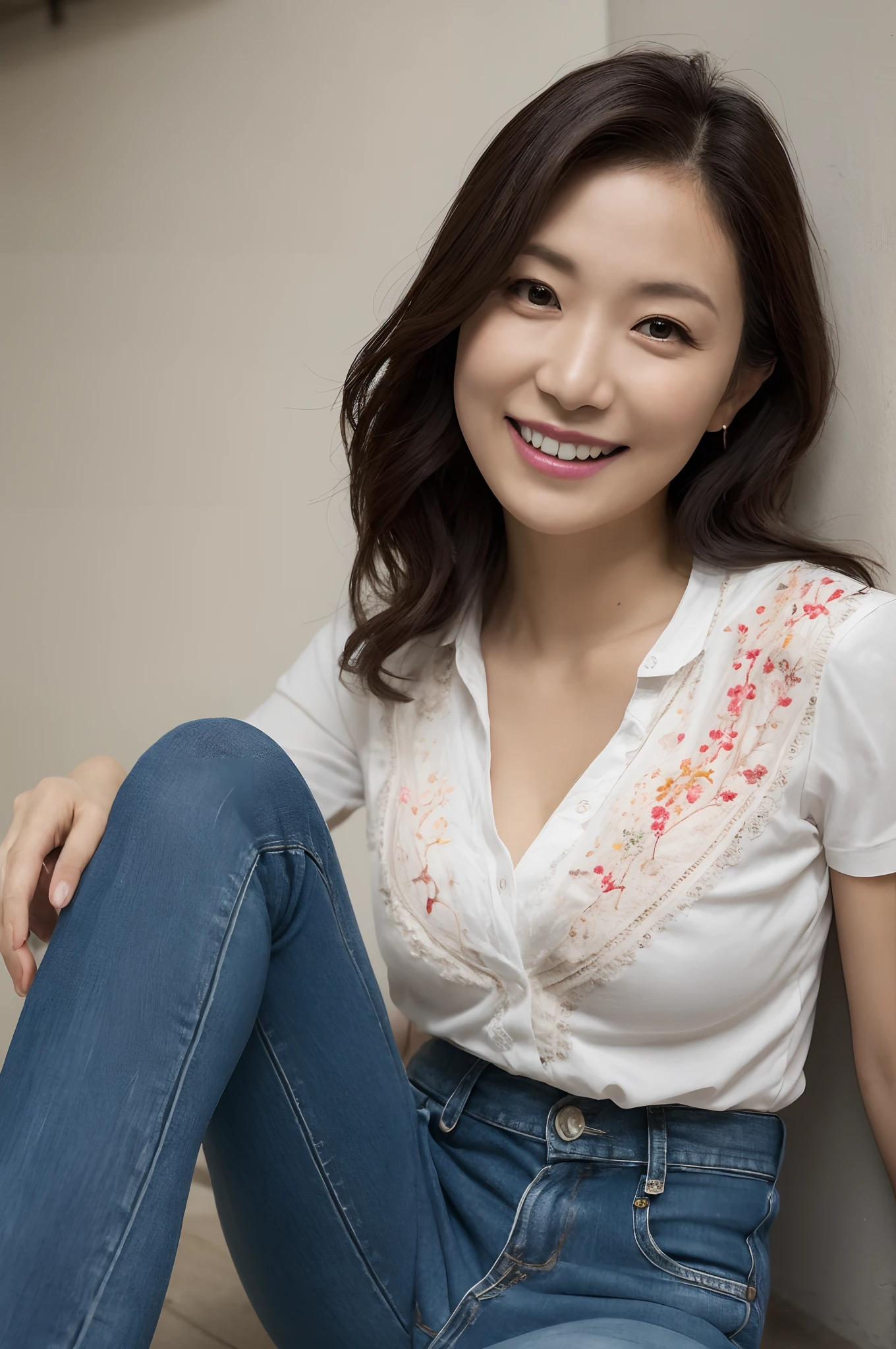 ((Best Quality, 8k, Masterpiece, Portrait: 1.3)), Photorealistic, Sharp Focus, (looking at viewer), 1Beautiful Japanese Milf, Clothes with Cleavage View, 30 Years Old, Wavy Hair, ((double eyelid, eyelash, lip gloss, Wrinkles at the Corners of the Eyes:0.6)), ((wearing colored shirt, denim low skirt, embroidery-pantie:1)), accurate anatomy, perfect prpportion, ((sit with open your legs wide:2, show crotch)), (loose waist:0.75), darkness floors,(open mouth:0.7), (frown:1), (smile:1),