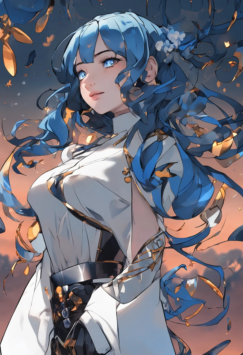 women, black and blue hair, white dress, blue celestic eyes, golden rings, levitarte, full body, comic style, drmatic ilumination, masterpiece, blue cortex in cheastr