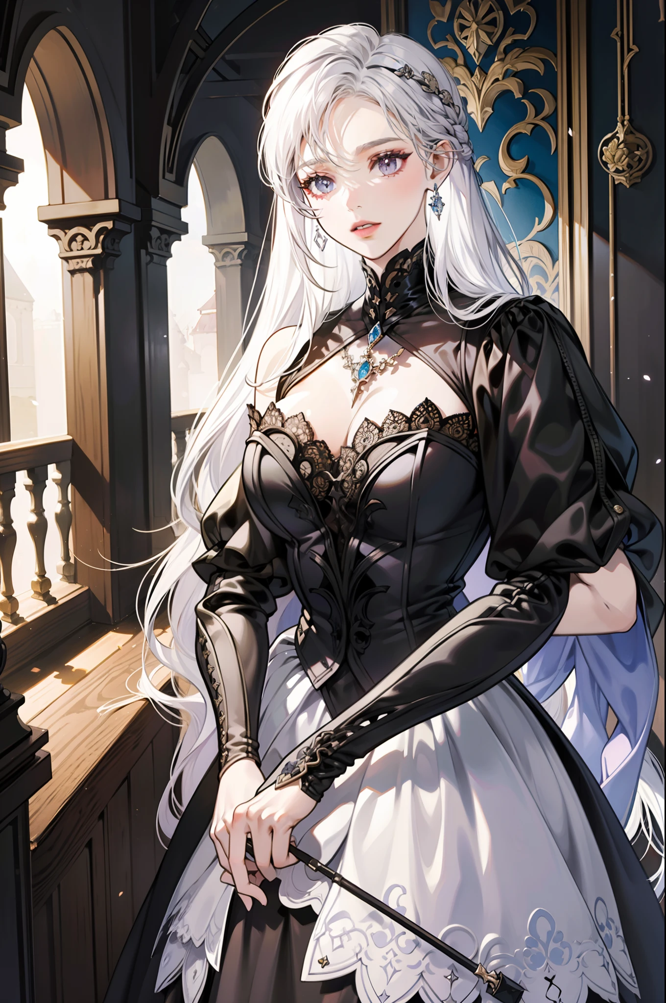 Beautiful woman reading in a medieval castle,Long silver-white hair,Light purple eyes,Black dress,jewelry,temperament,Full-HD,Lots of detail,Cinematic texture,Light,Meticulously drawn,atmosphere