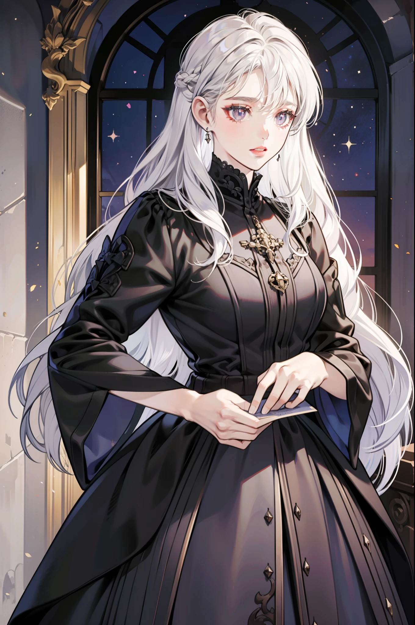 Beautiful woman reading in a medieval castle,Long silver-white hair,Light purple eyes,Black dress,jewelry,temperament,Full-HD,Lots of detail,Cinematic texture,Light,Meticulously drawn,atmosphere