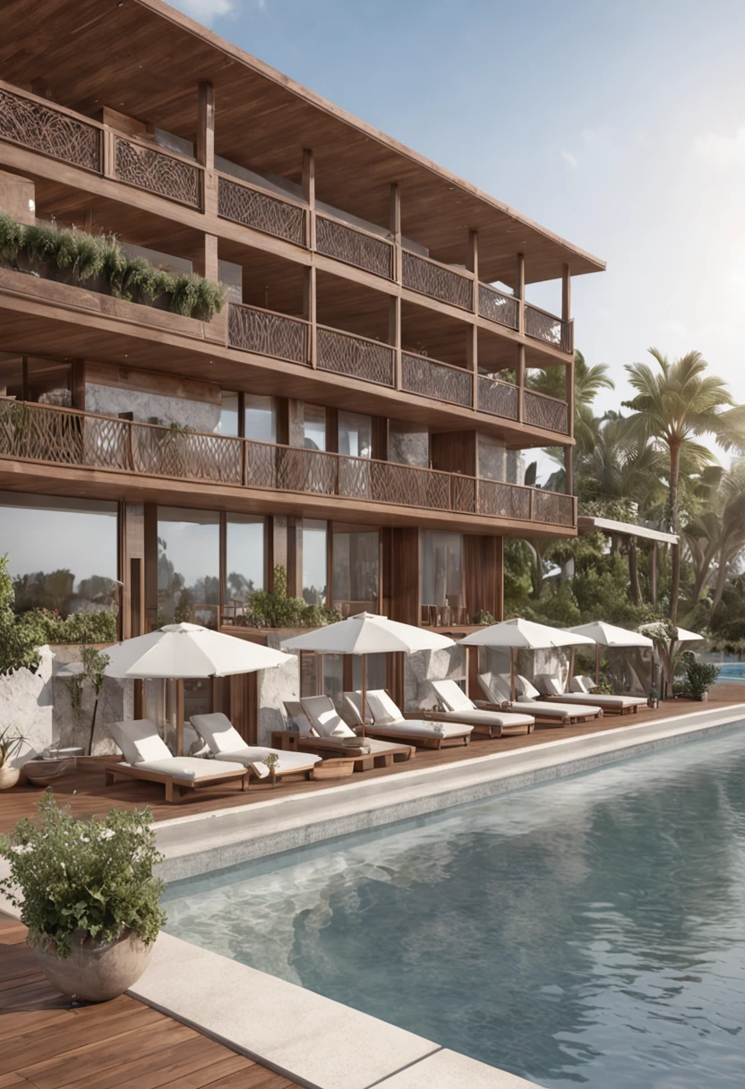 hotel with bungalows, high standard, wooden details, slatted wood, with pool and beach, mantra rendering, true realistic image, artistic rendering, exterior type, realistic rendering, award winning rendering, realistic physical rendering, architectural rendering, V-ray, V - Ray, photorealistic rendering, high quality rendering, v-ray, portrait photo, realistic image