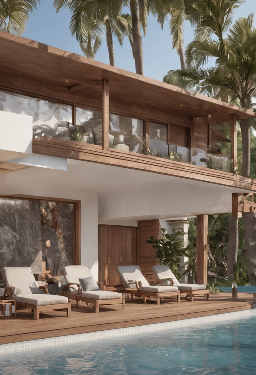 hotel with bungalows, high standard, wooden details, slatted wood, with pool and beach, mantra rendering, true realistic image, artistic rendering, exterior type, realistic rendering, award winning rendering, realistic physical rendering, architectural rendering, V-ray, V - Ray, photorealistic rendering, high quality rendering, v-ray, portrait photo, realistic image