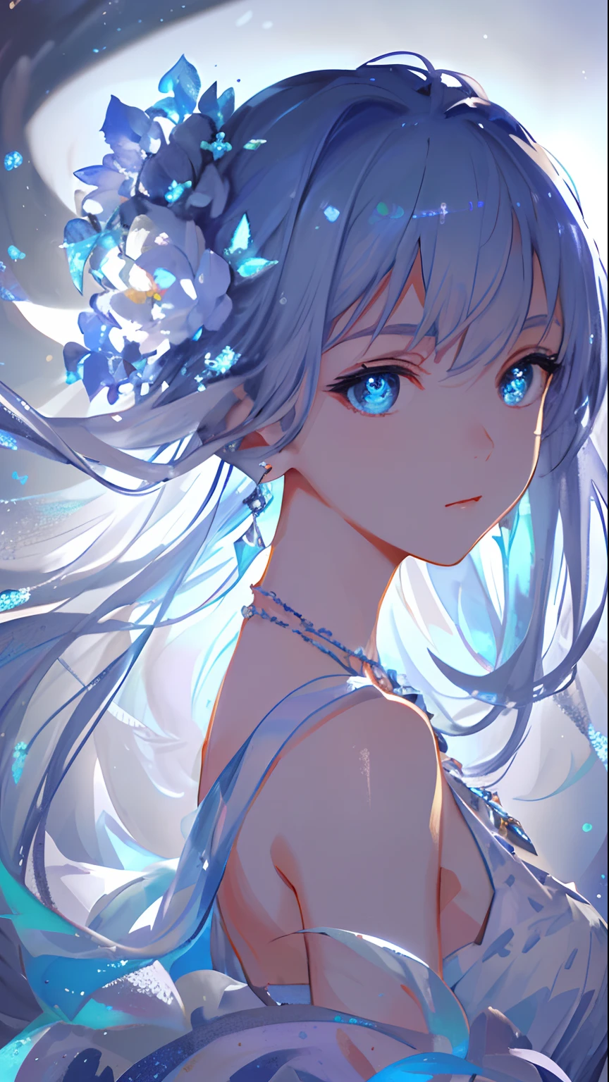masterpiece, best quality, illustration, sax blue, platinum earrings, platinum necklace, white dress, 1girl, cute, (dynamic lighting:1.2), cinematic lighting, delicate facial features, detailed eyes, sharp pupils, realistic pupils, depth of field, bokeh, sharp focus, (hyper-detailed, bloom, glow:1.4), many small gems