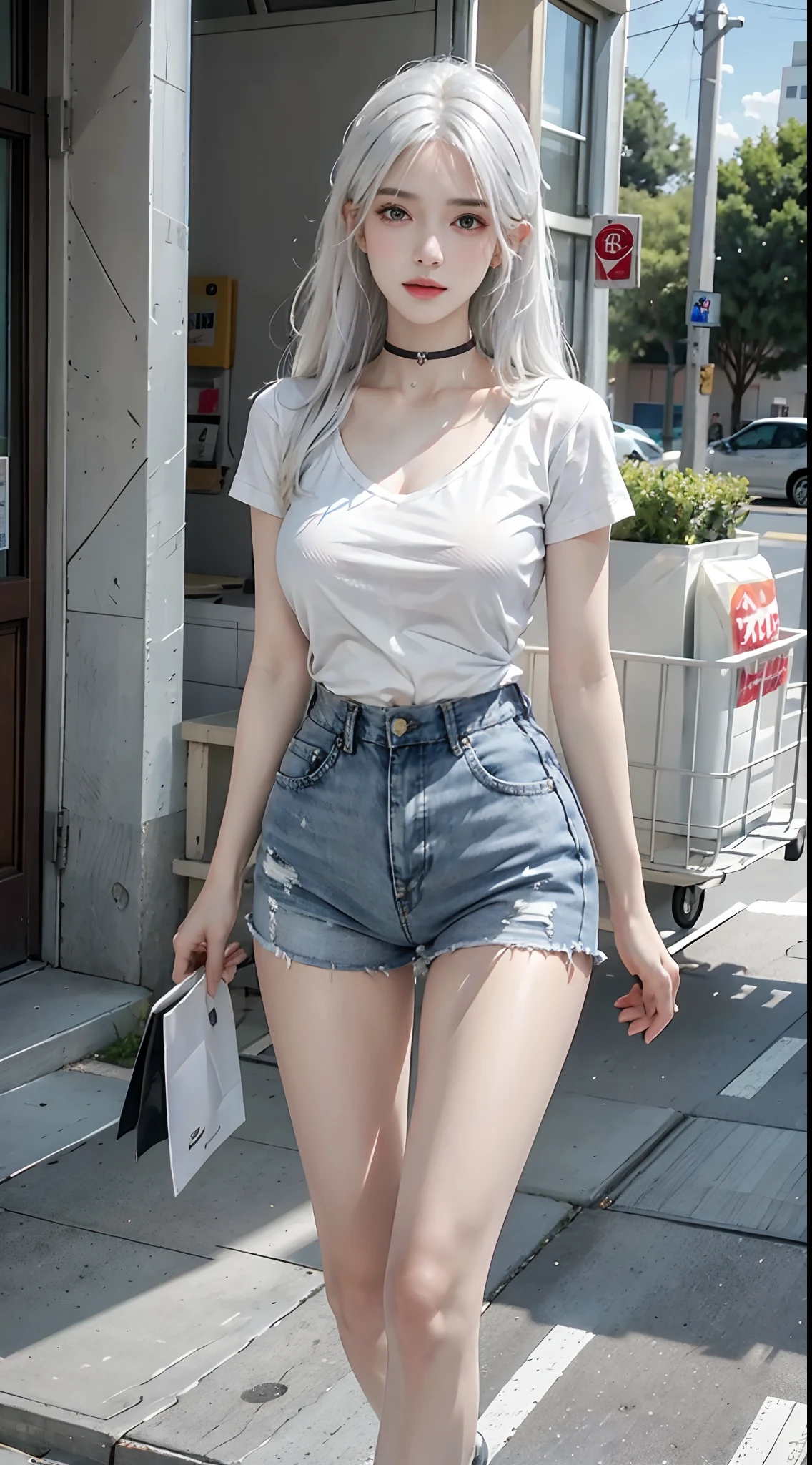 1girl with pretty face and white hair, airy bangs, cute, wearing choker, white t-shirt and jeans shorts, medium breasts, slender, inside supermarket, shopping carts, best quality, masterpiece, ultra high res, (photorealistic:1.4), raw photo