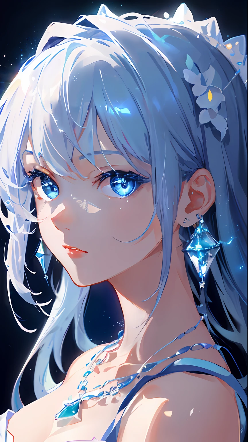 masterpiece, best quality, illustration, sax blue, platinum earrings, platinum necklace, white dress, 1girl, cute, (dynamic lighting:1.2), cinematic lighting, delicate facial features, detailed eyes, sharp pupils, realistic pupils, depth of field, bokeh, sharp focus, (hyper-detailed, bloom, glow:1.4), many small gems