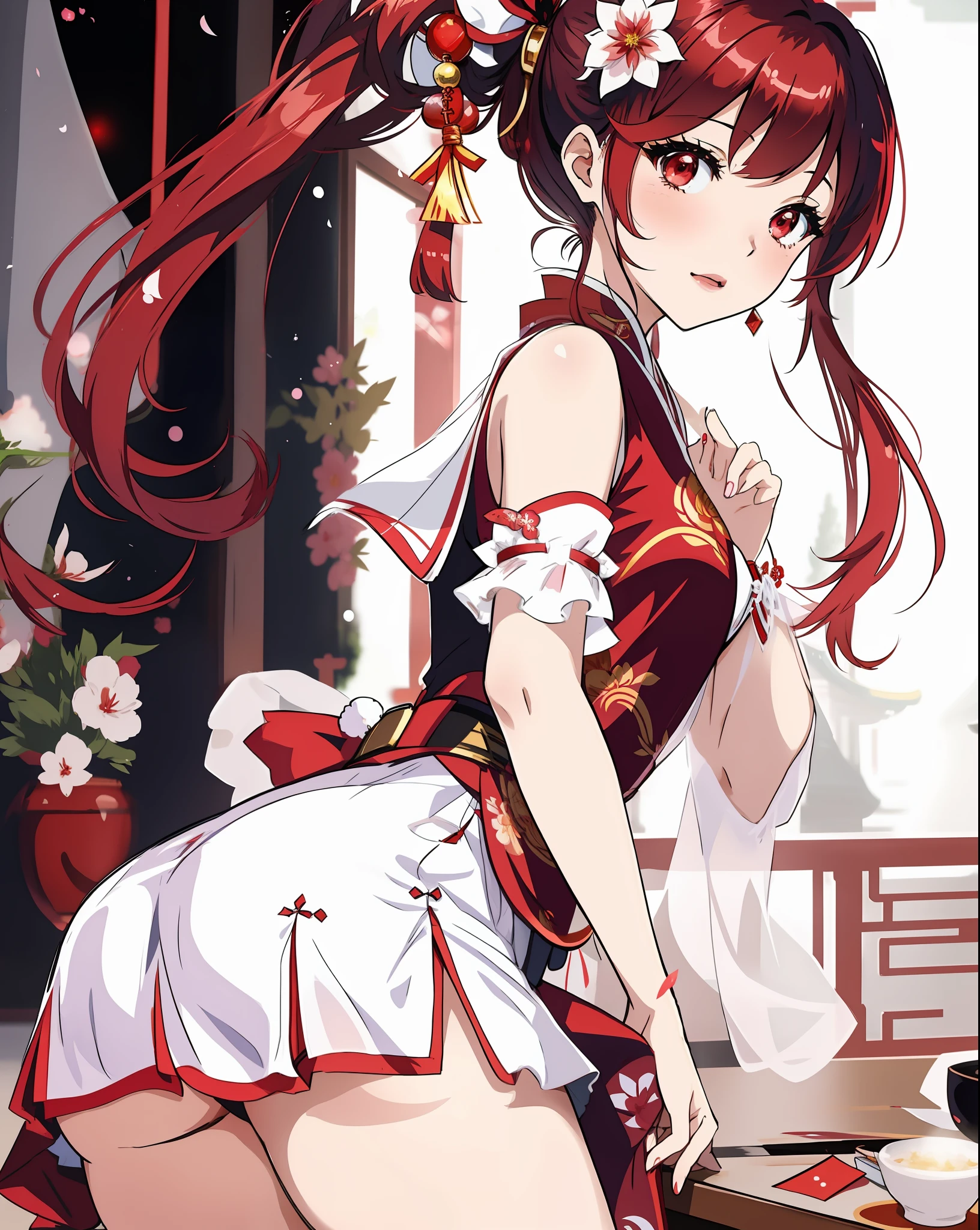 Anime girl with red hair and white dress sitting at table, Cute anime waifu in a nice dress, guweiz, palatial palace , a girl in hanfu, Cheongsam, keqing from genshin impact, full-body xianxia, Seductive Anime Girl, bian lian, by Shitao, beautiful alluring anime woman, reimu hakurei
