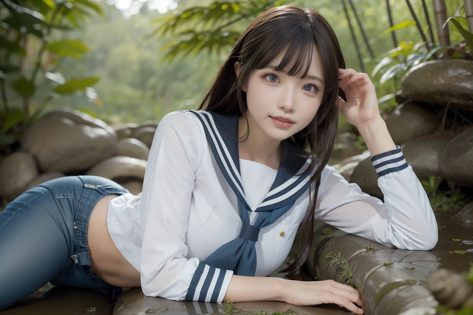 a pregirl，ssmile, looking at viewert, sailor uniformm,skintight jeans，photore, realisticlying, Best quality at best, employee, 详细的脸，Lying on a large mossy stone in a bamboo forest， diffuselighting, depth of fields