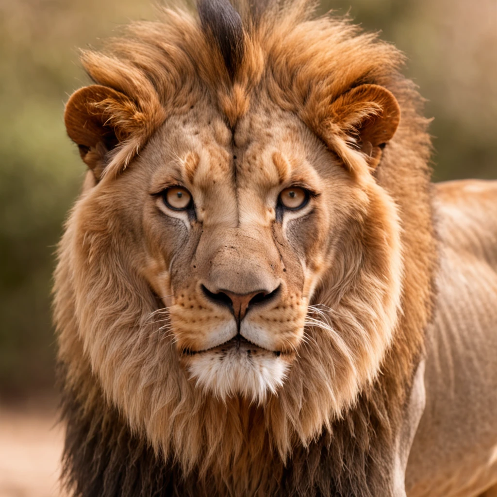 Create a realistic image of a lion with six wings.The lion should look like a real lion, with a thick golden mane, a muscular body and strong legs. The wings should be large and powerful, with brown and gold feathers.The lion should be in an alert position, with eyes open and ears pricked. He should be looking at the viewer, as if he's about to attack.The image must be created in a realistic environment, such as a forest or desert. The background should be detailed and realistic, with trees, bushes or sand dunes