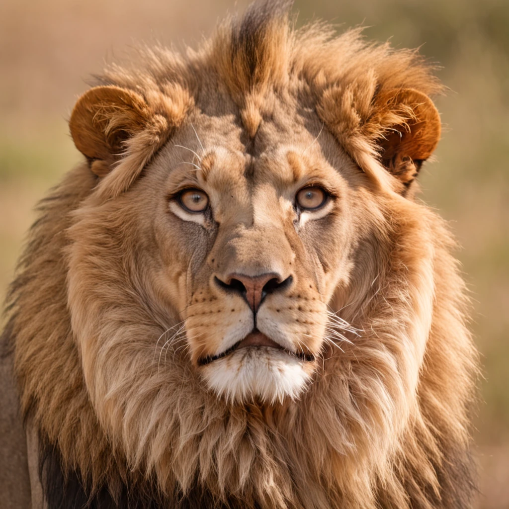 Create a realistic image of a lion with six wings.The lion should look like a real lion, with a thick golden mane, a muscular body and strong legs. The wings should be large and powerful, with brown and gold feathers.The lion should be in an alert position, with eyes open and ears pricked. He should be looking at the viewer, as if he's about to attack.The image must be created in a realistic environment, such as a forest or desert. The background should be detailed and realistic, with trees, bushes or sand dunes