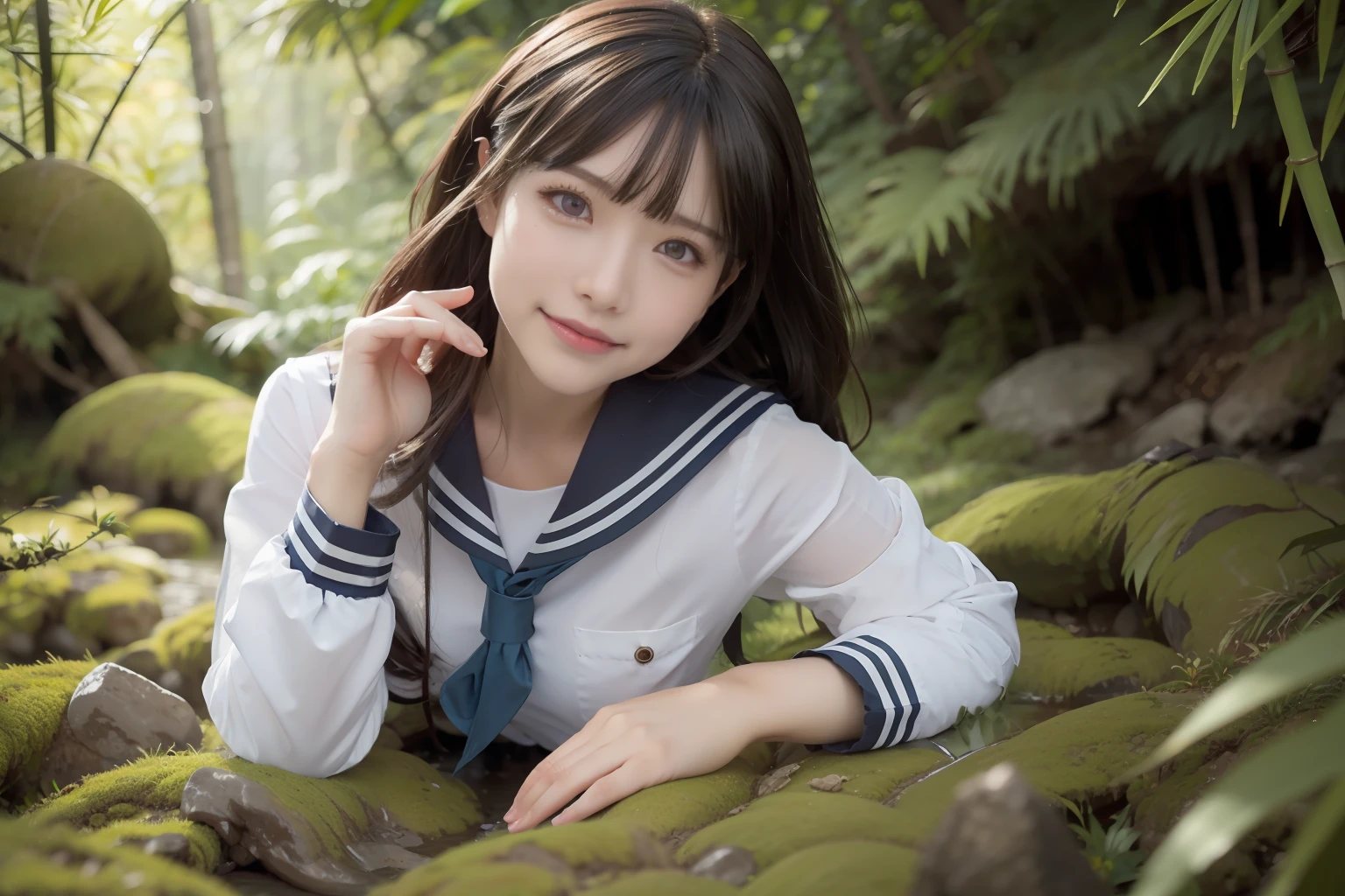 a pregirl，ssmile, looking at viewert, sailor uniformm,skintight jeans，photore, realisticlying, Best quality at best, employee, 详细的脸，Lying on a large mossy stone in a bamboo forest， diffuselighting, depth of fields