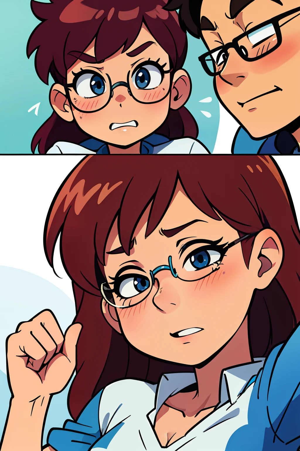 very short hair, brown hair, light skin, 1 boy, man, average physique, short hair, beige eyes, short eyebrows, very short eyebrows, thick eyebrows, casual clothing, glasses, young, anime